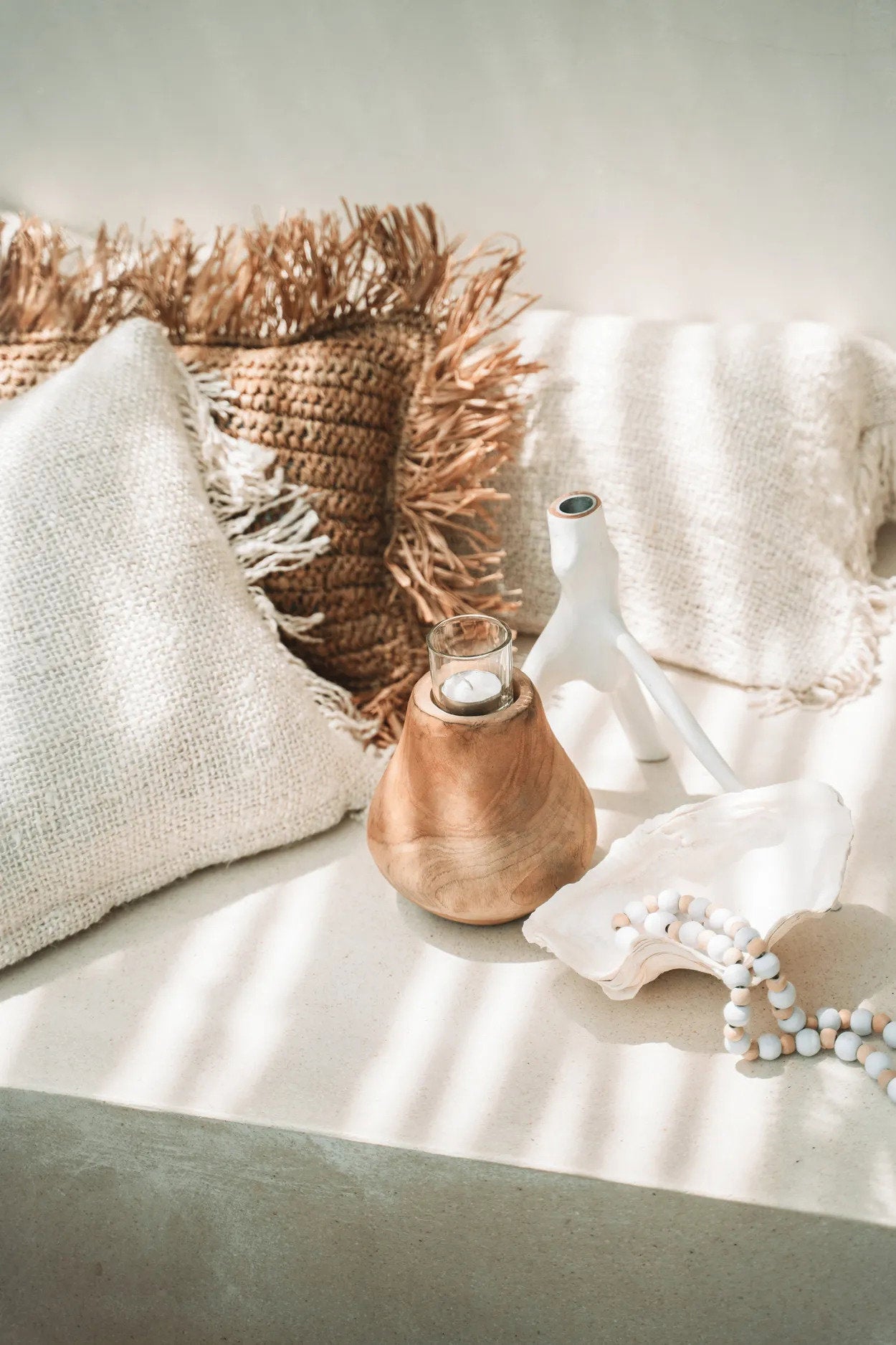 Unique white wood candle holder perfect for boho settings