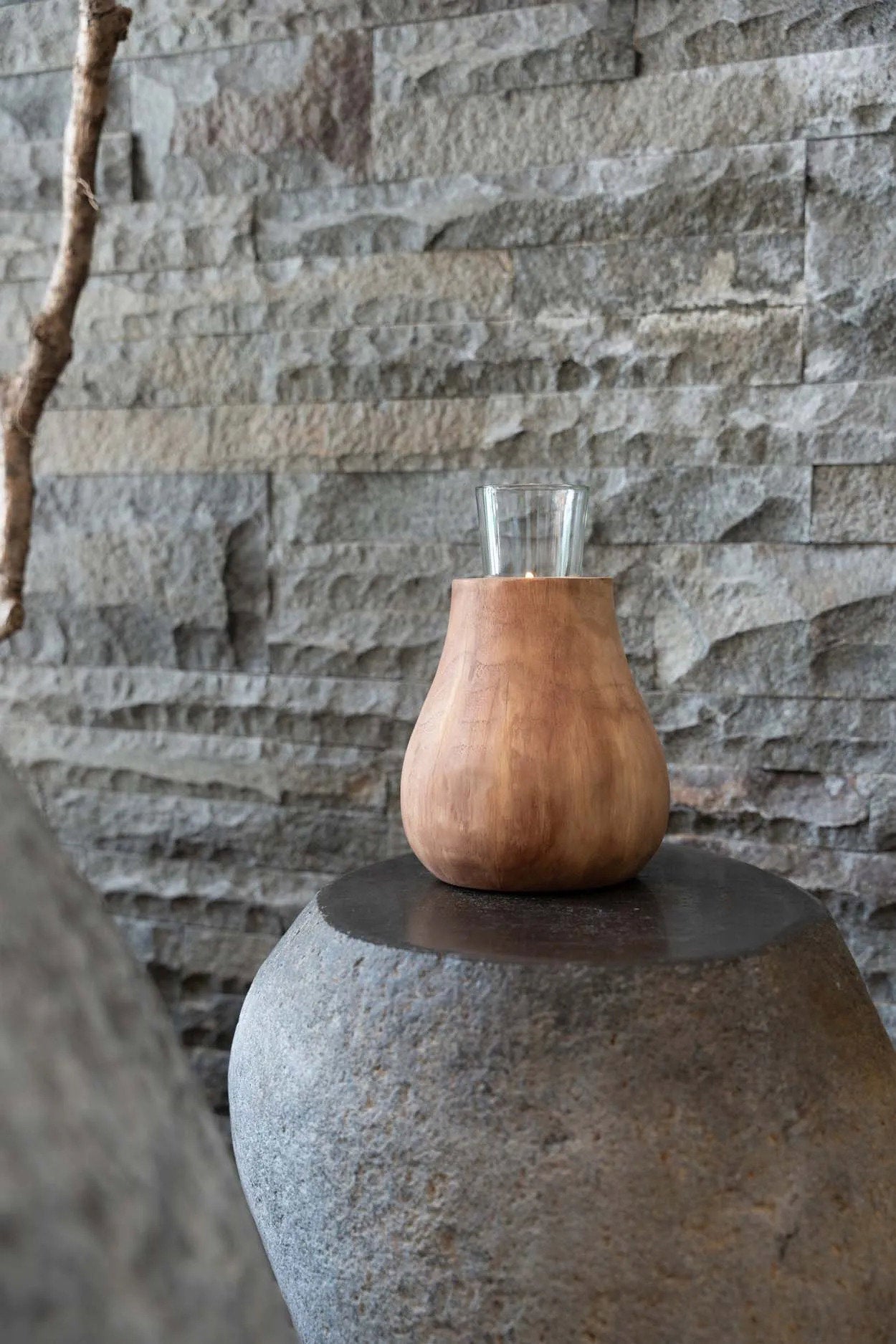 Organic-shaped teak wood candle holder for natural interior accents