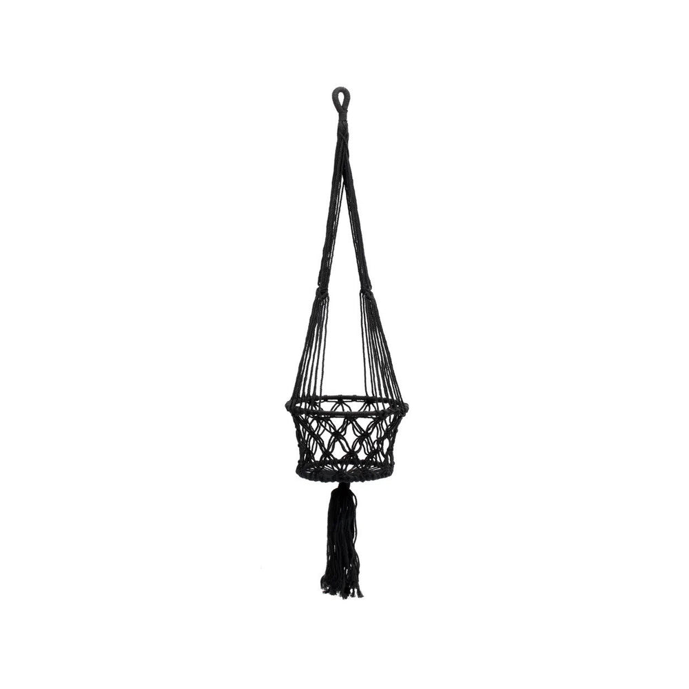 A macrame plant holder with black colour in medium size.