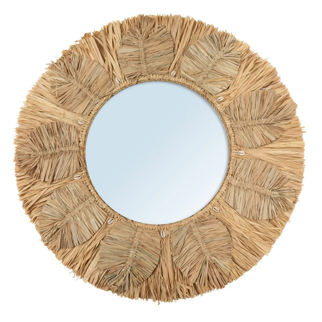 Handcrafted palm tree wall mirror made from natural raffia, perfect for adding tropical charm to boho and coastal interiors.