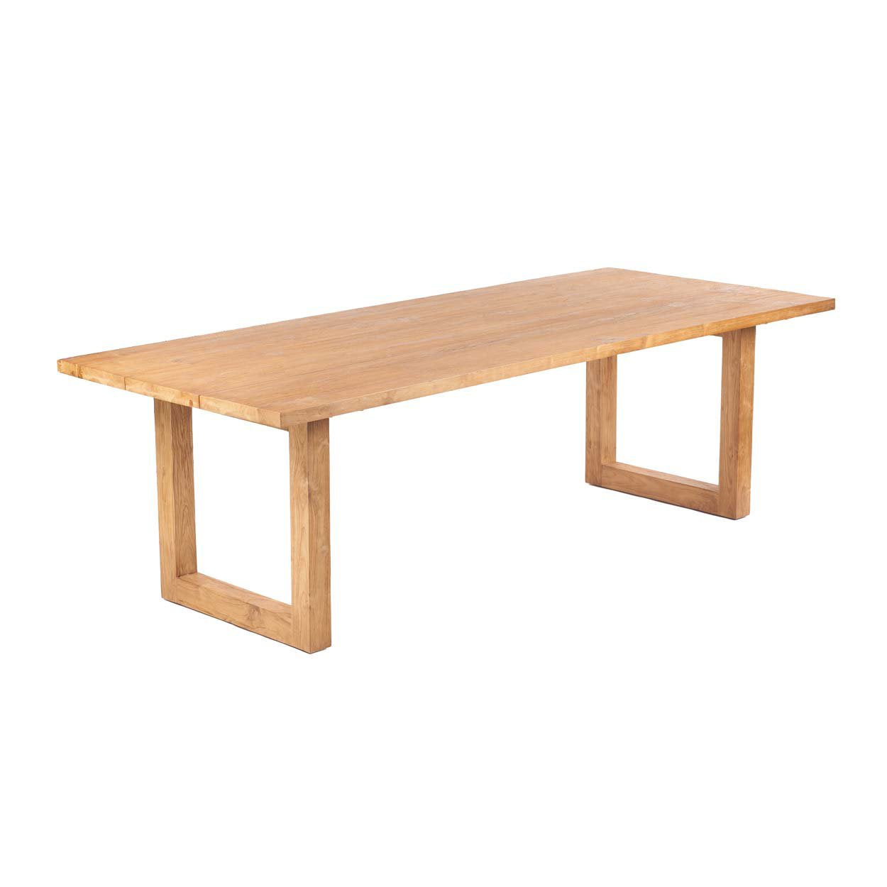 Large teak outdoor dining table with wide surface and natural finish for garden entertaining.
