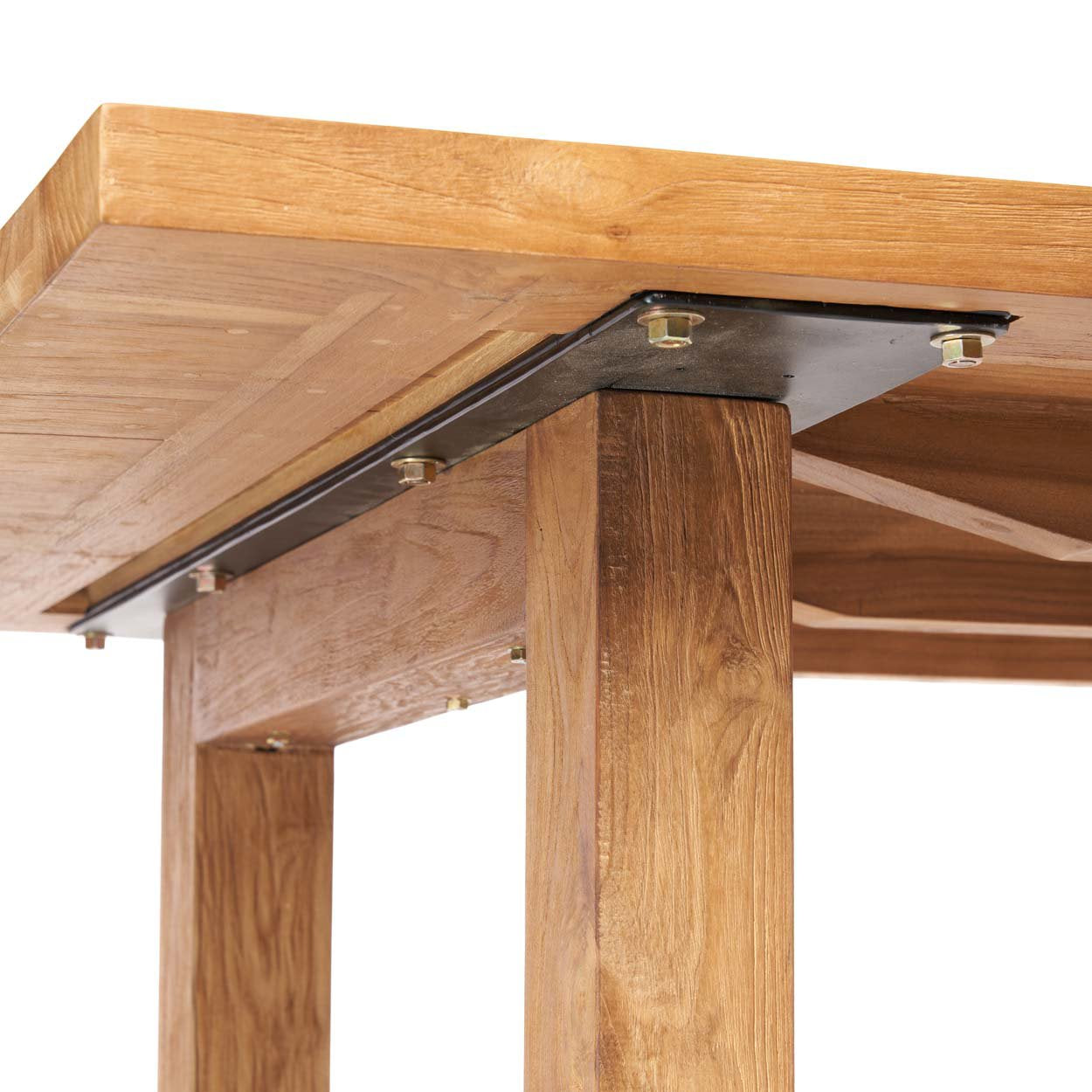 Long outdoor table in natural teak, perfect for shaded patios or breezy decks.