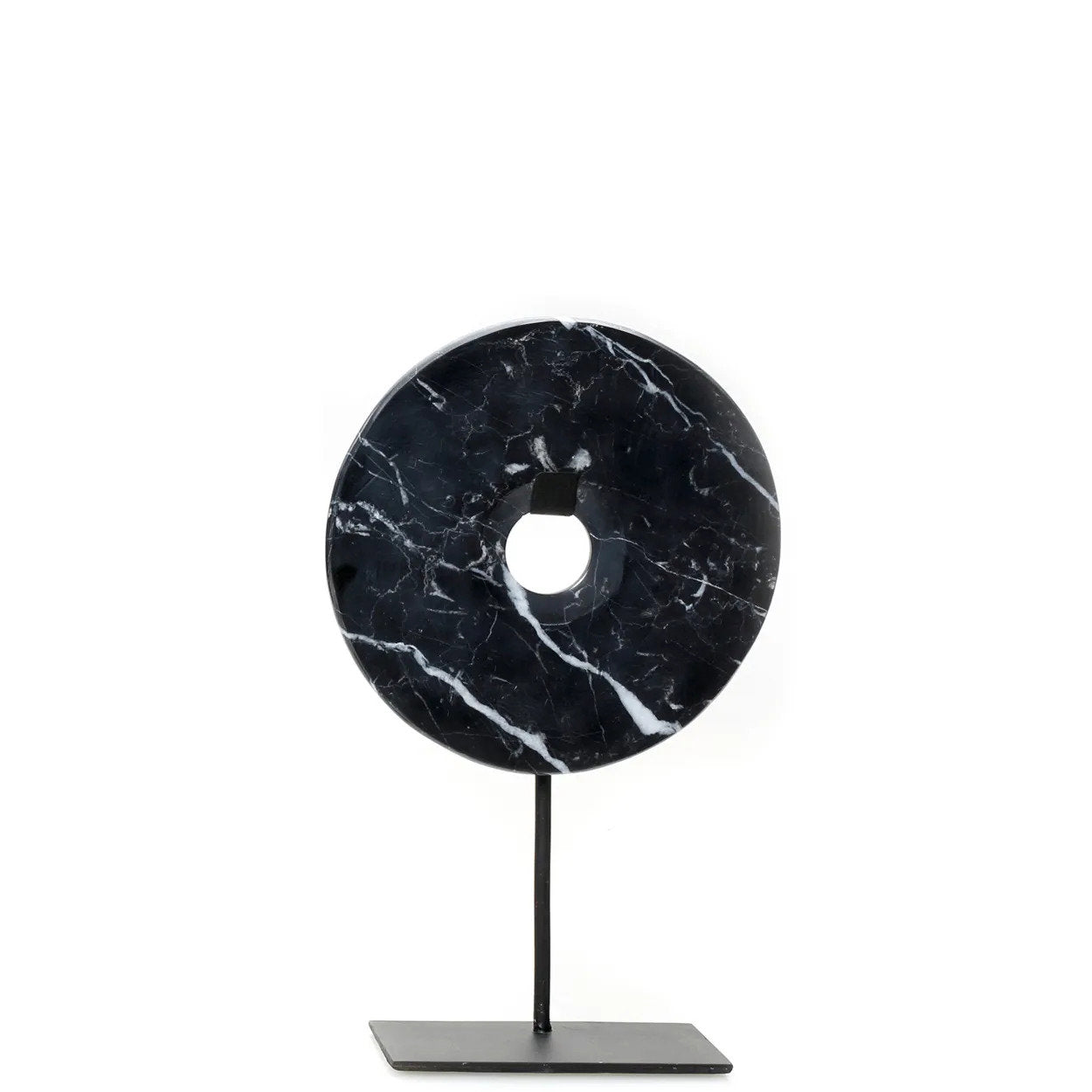 Medium black marble disc on stand – handcrafted from solid stone with bold veining