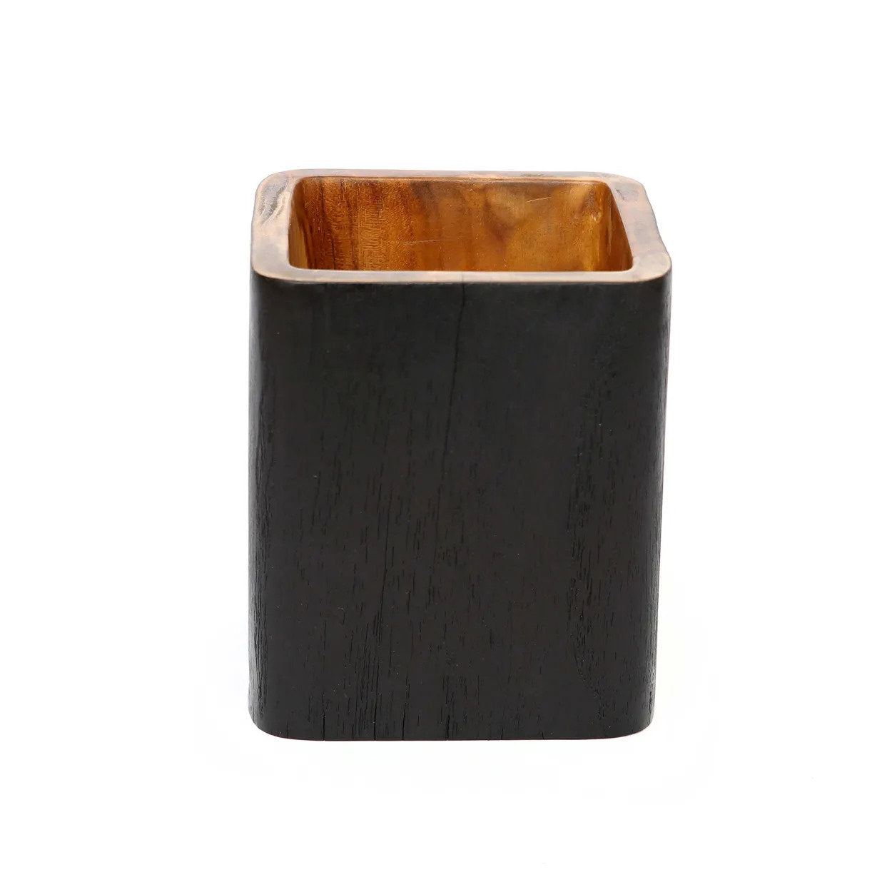 Black wooden square vase handcrafted from solid teak, perfect for showcasing plants or minimalist home décor.