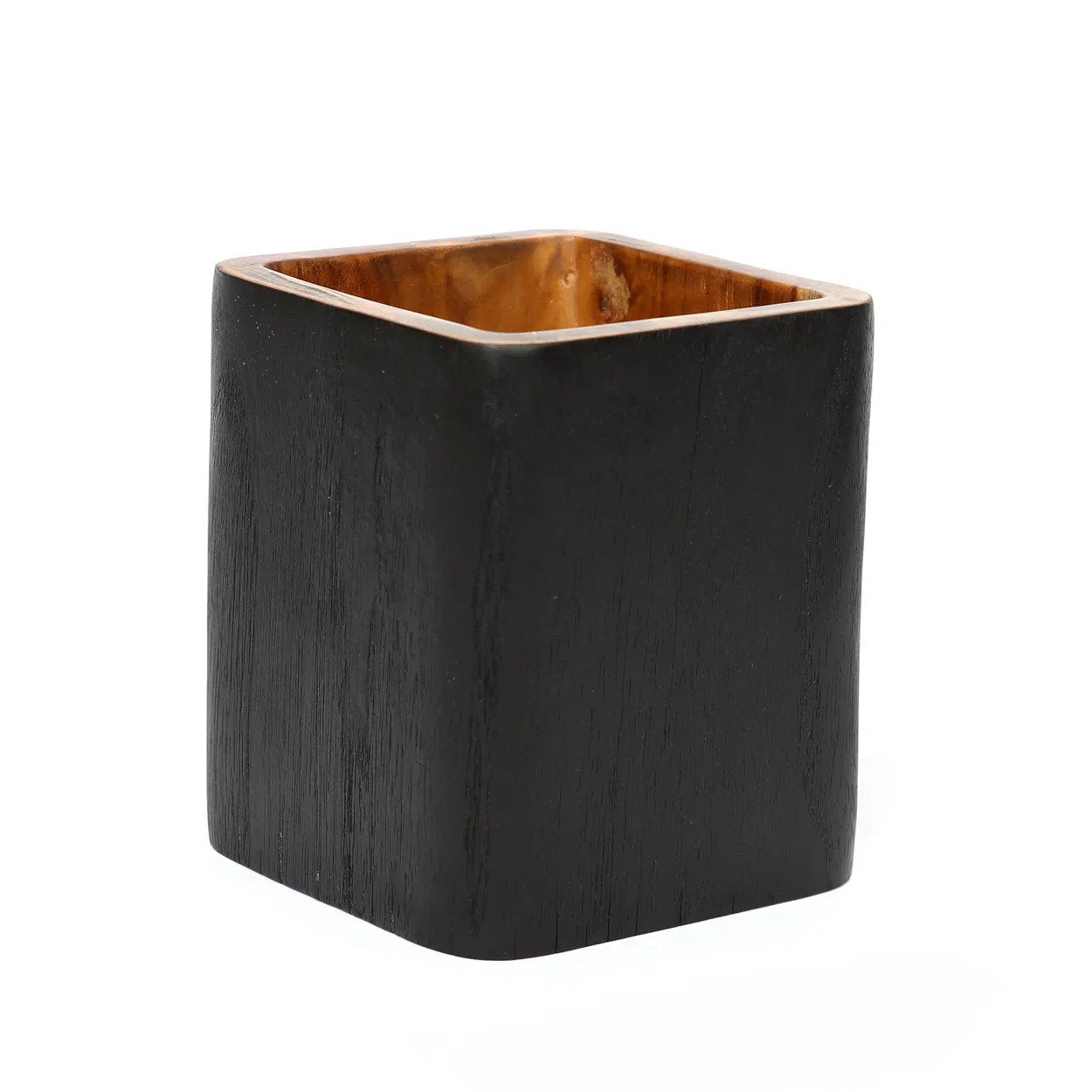 Contemporary black wooden planter, handcrafted with unique grain patterns for a sophisticated botanical display.