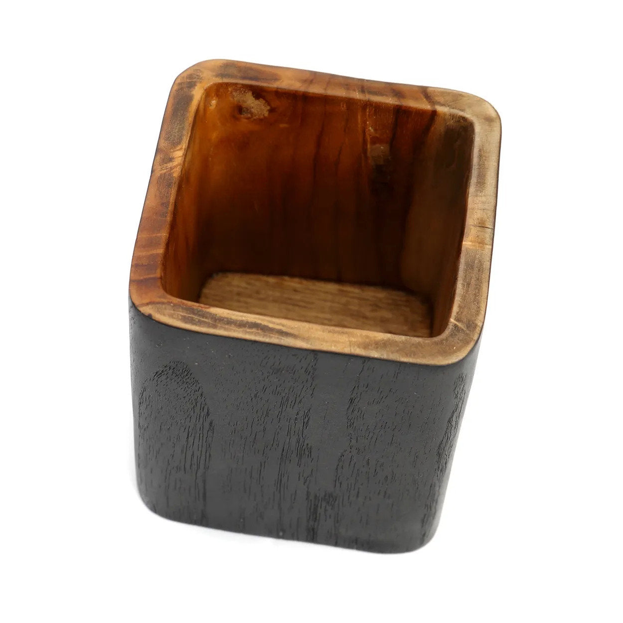 Solid teak square vase in black, ideal for organizing plants and complementing minimalist or boho interiors.