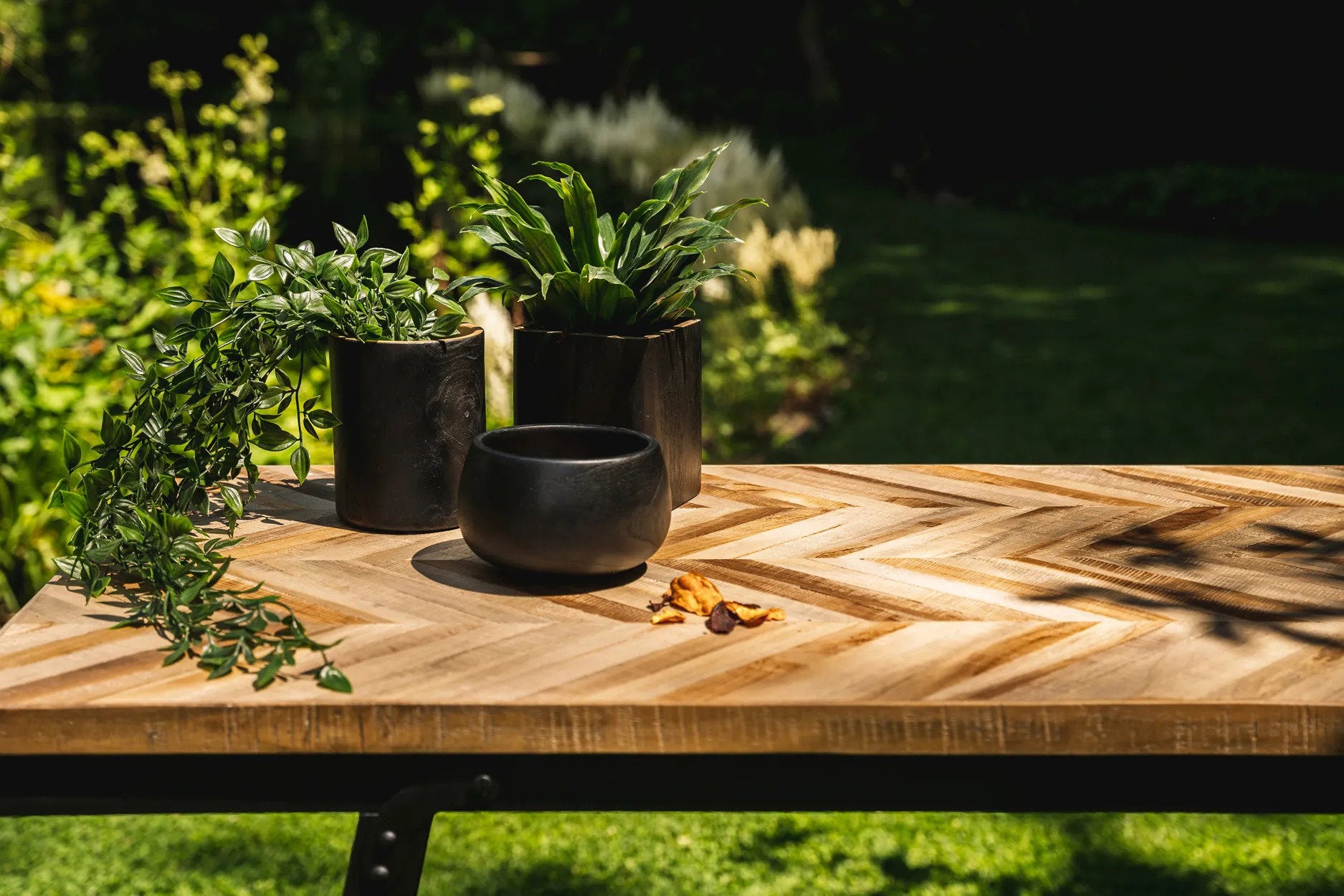 Handcrafted black teak vase featuring a smooth round silhouette, perfect for showcasing plants indoors or outdoors.