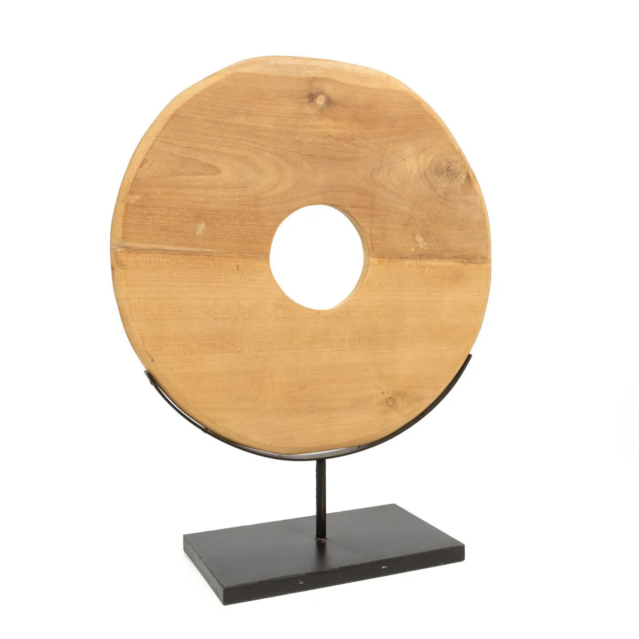 Sculptural teakwood disc with stand – warm tones and clean lines for any space