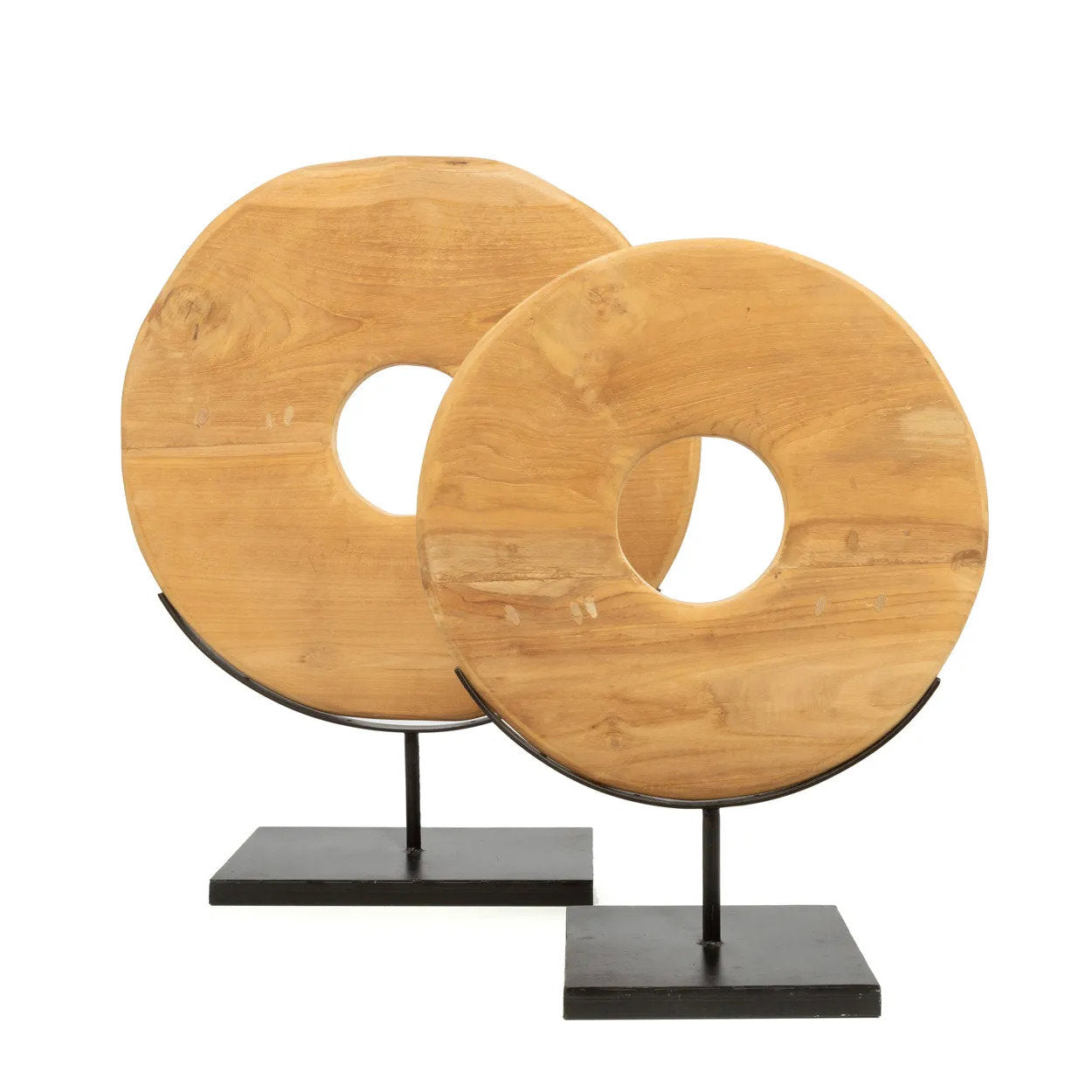 Teak circle sculpture on stand – ideal for earthy, modern home interiors