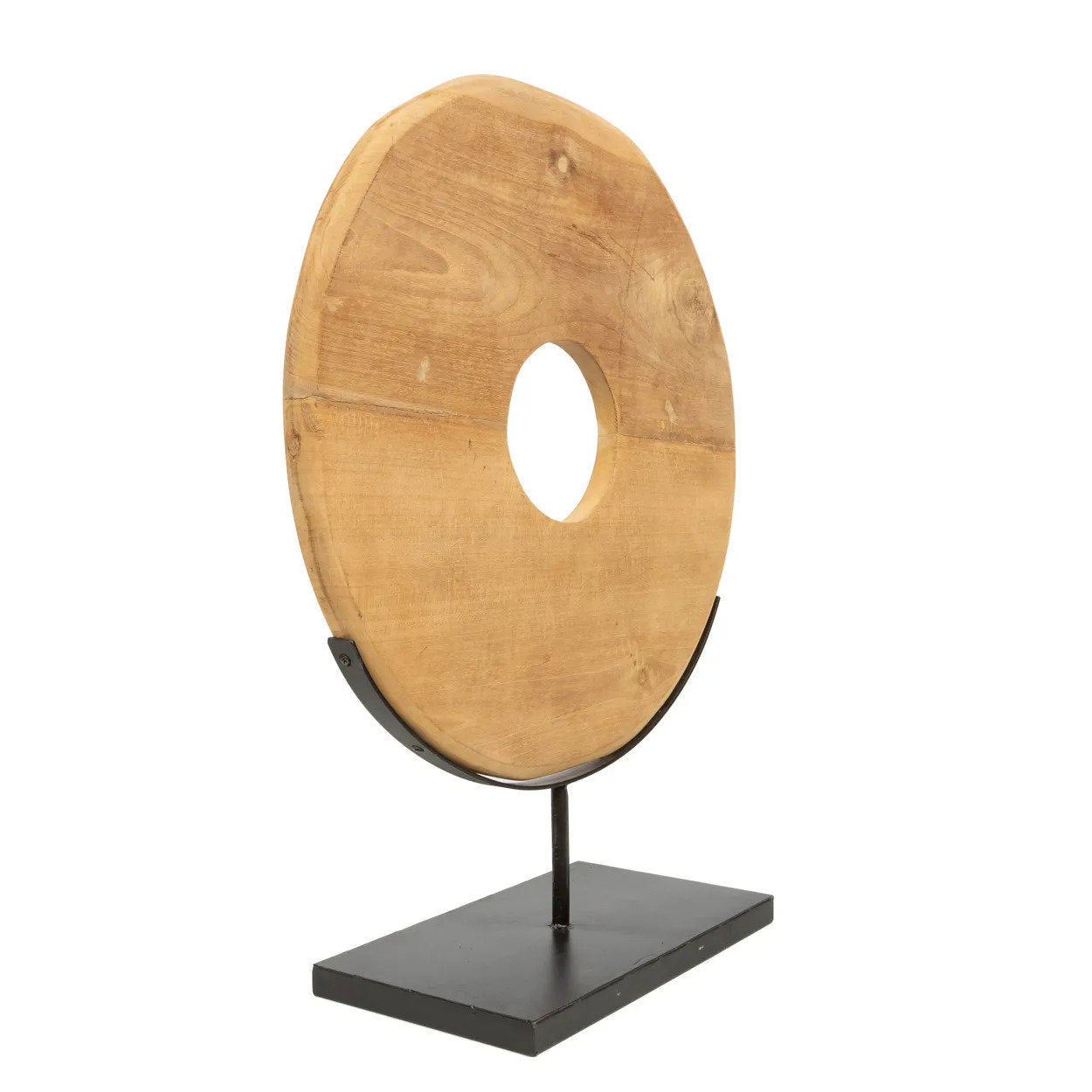 Natural wood disc decor – large teak ornament on stand for shelf styling
