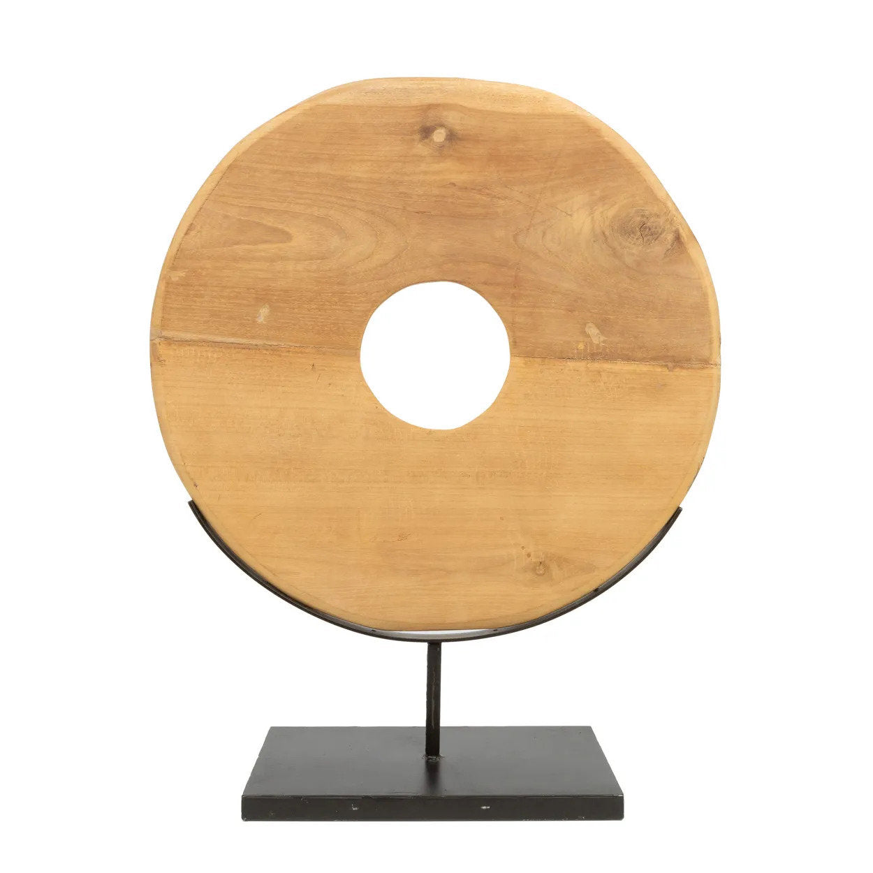 Large teak disc on stand – handcrafted wood sculpture for console or shelf decor