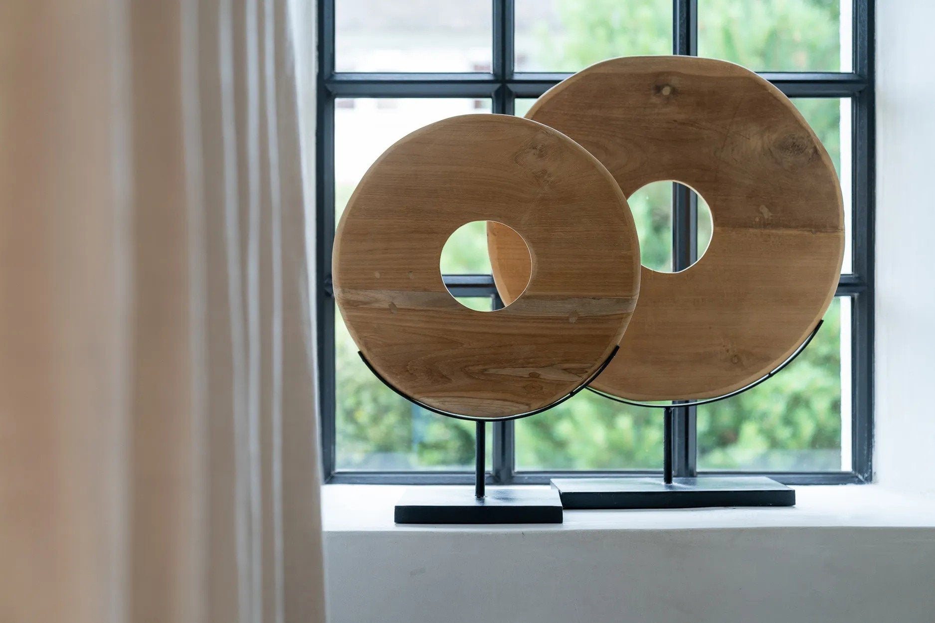 Boho rustic teak disc art – large wooden display piece with organic finish