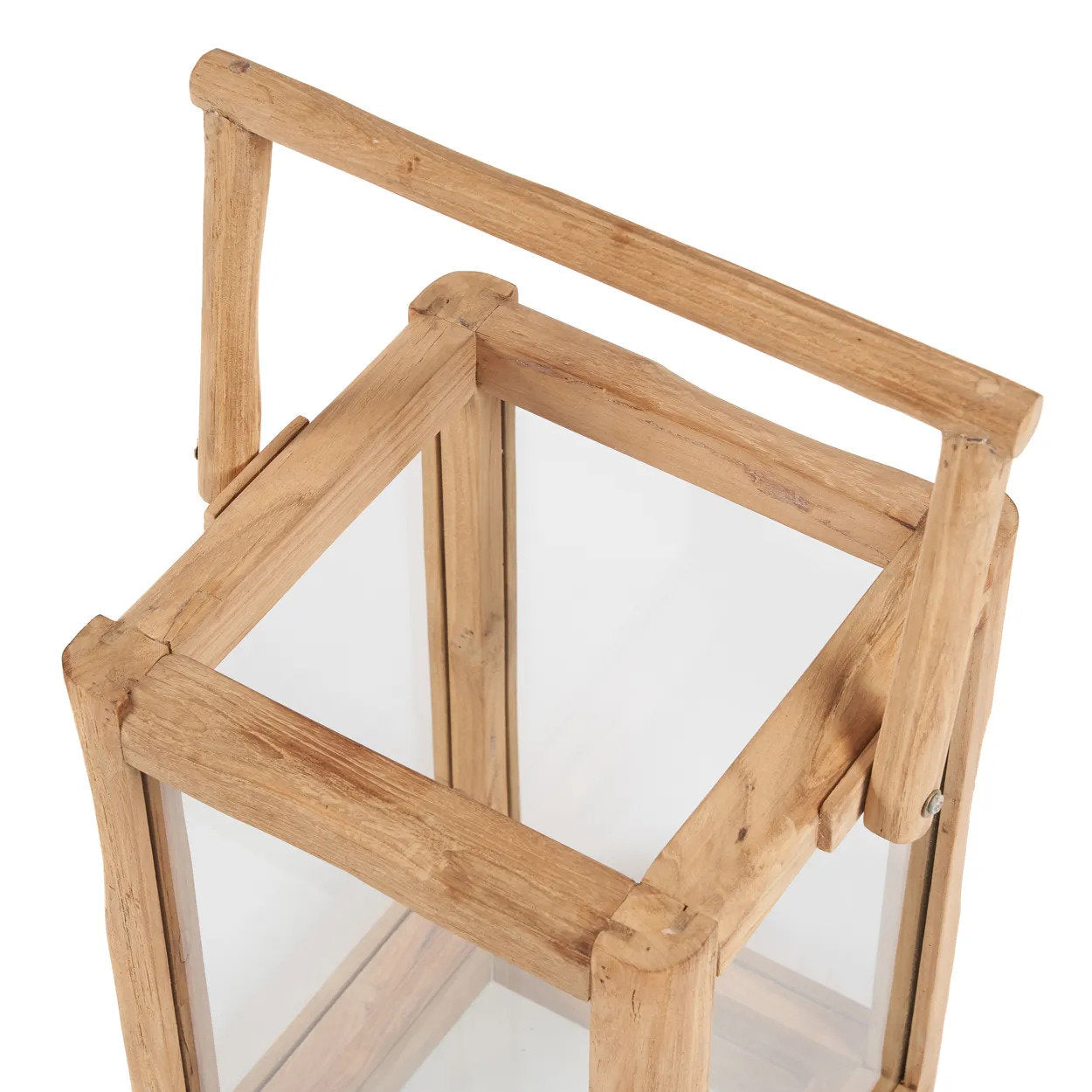 Portable teak lantern candle holder with handle for easy styling
