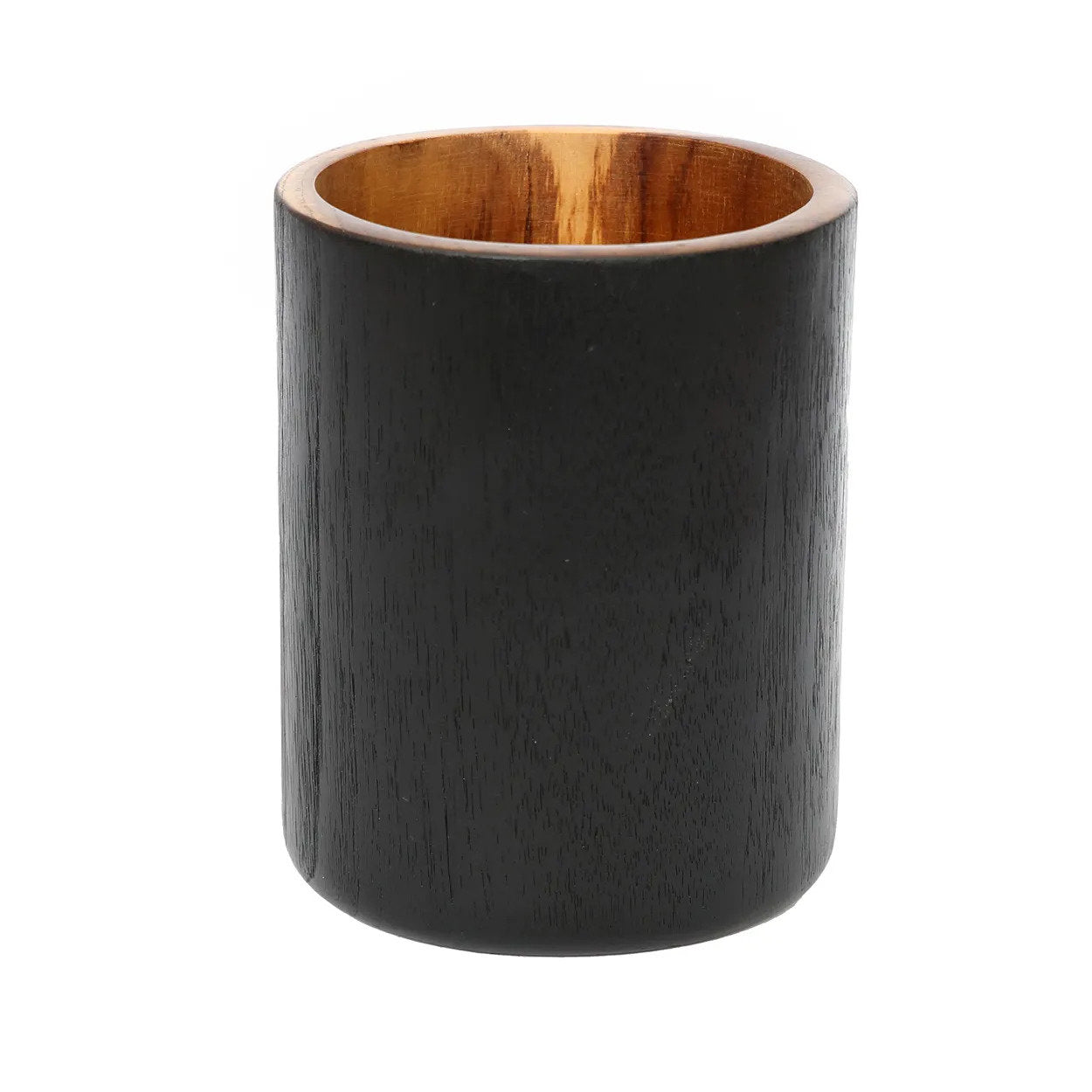 Teak wood round vase with sleek black finish, handcrafted for modern home or garden décor.