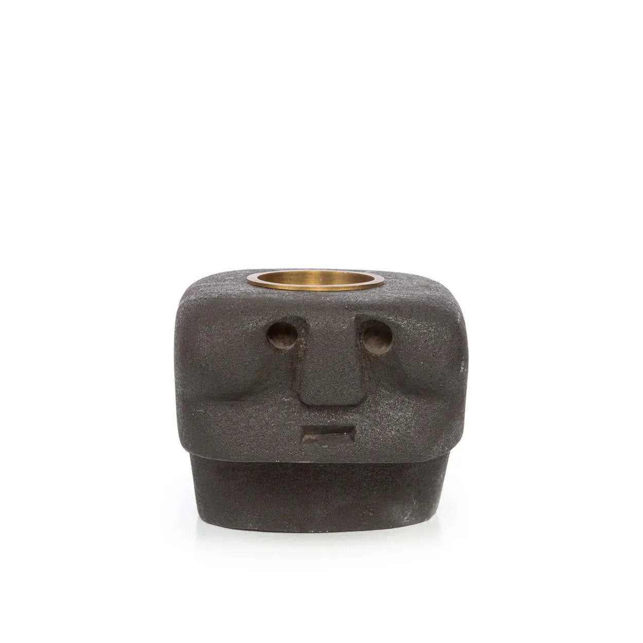 Sandstone candle holder with carved face design, handcrafted for boho and rustic home decor