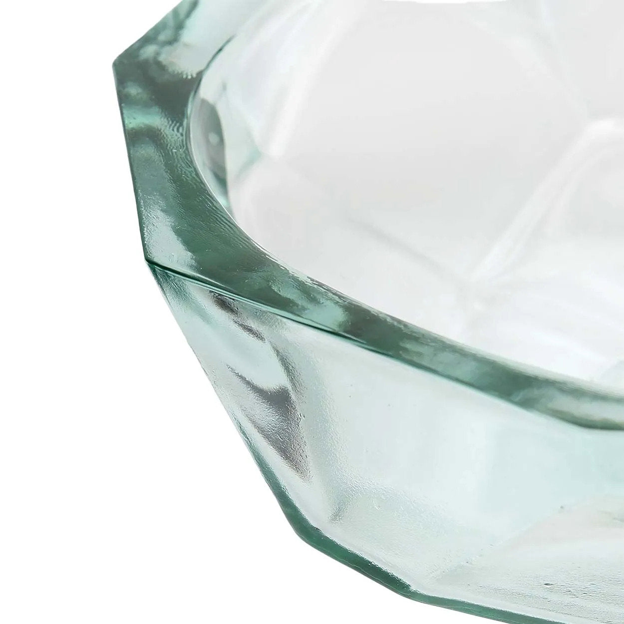 Medium-sized blue glass serving bowl with artistic origami-inspired design