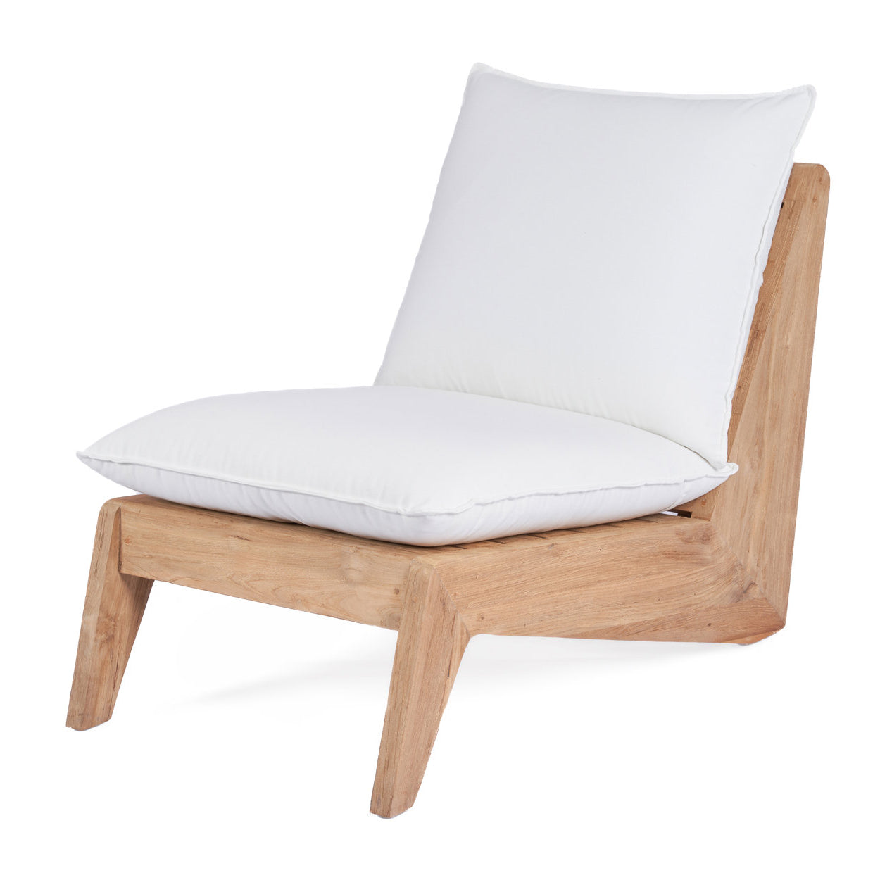 White one seater lounge chair made of solid teak, ideal for calm, minimalist interiors