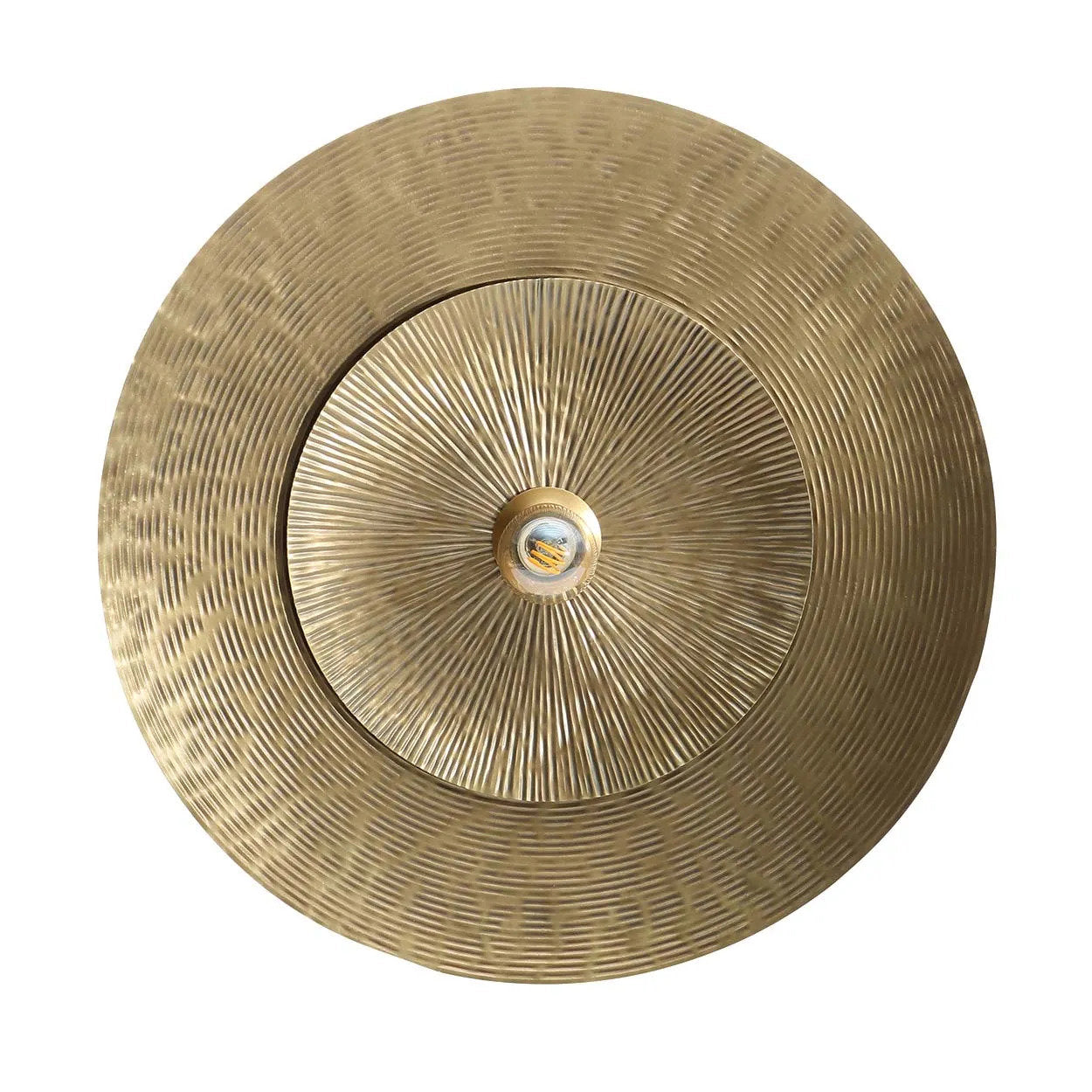 Double circle brass wall light featuring stacked brass discs, medium size, designed to add modern elegance and cozy ambient lighting to any space.