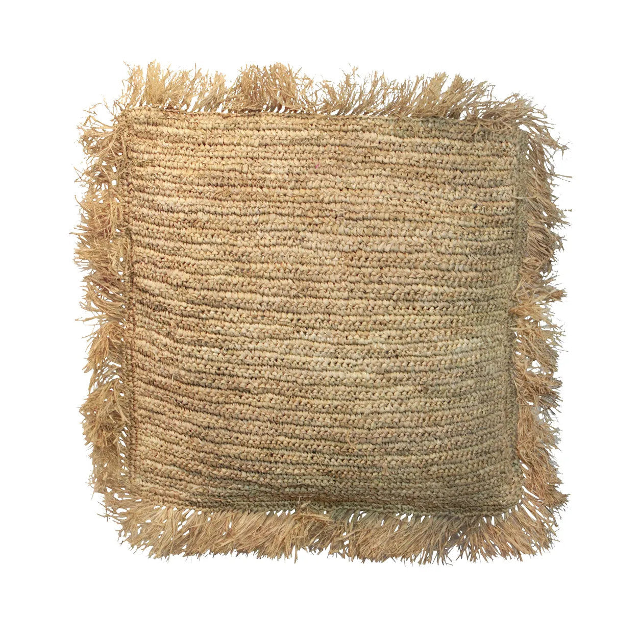 Square raffia cushion cover in natural texture, perfect for boho decor.