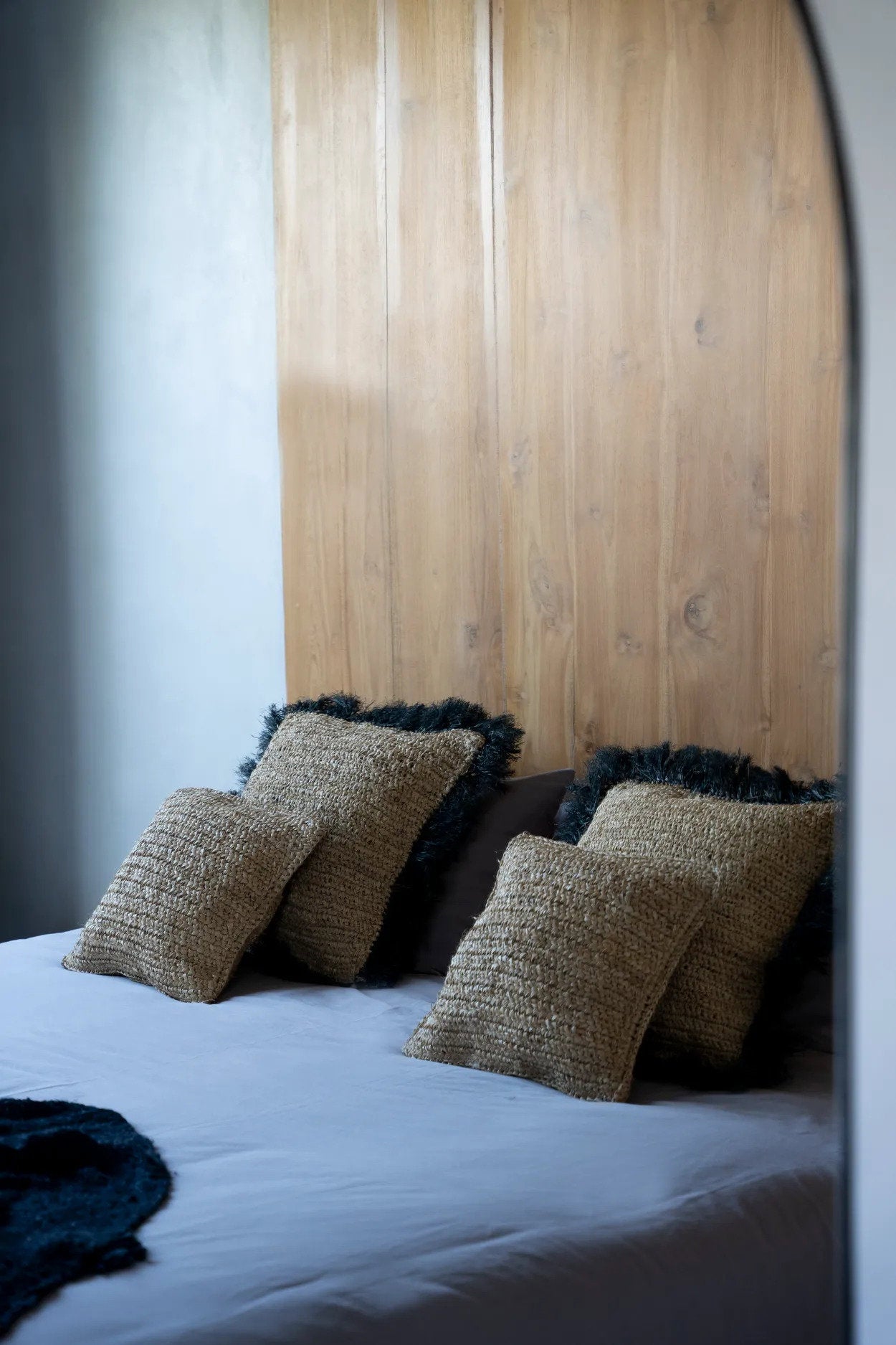 60x60 square natural black raffia cushion cover with fringe detailing for modern homes