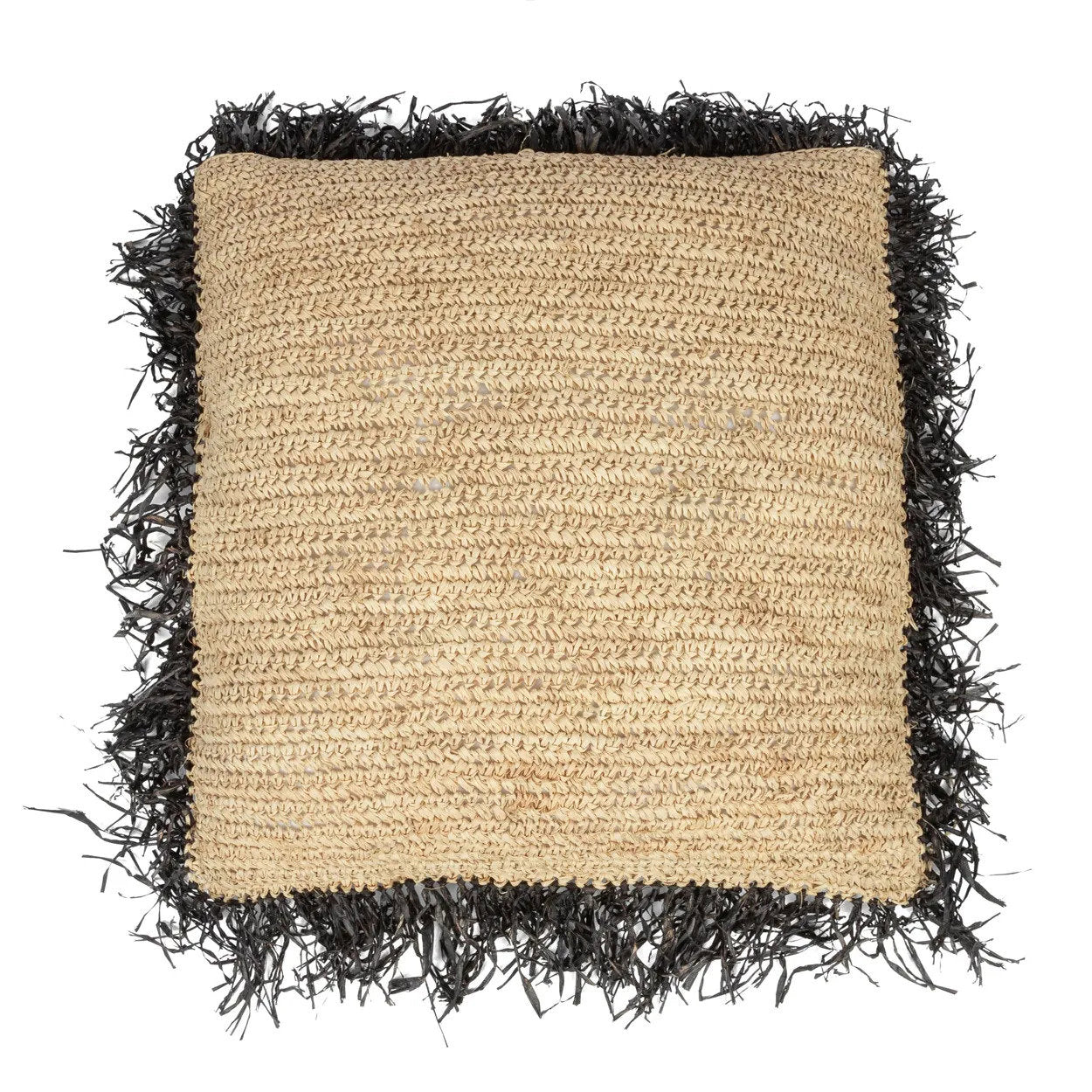 Natural black raffia cushion cover 60x60, handwoven for boho home decor
