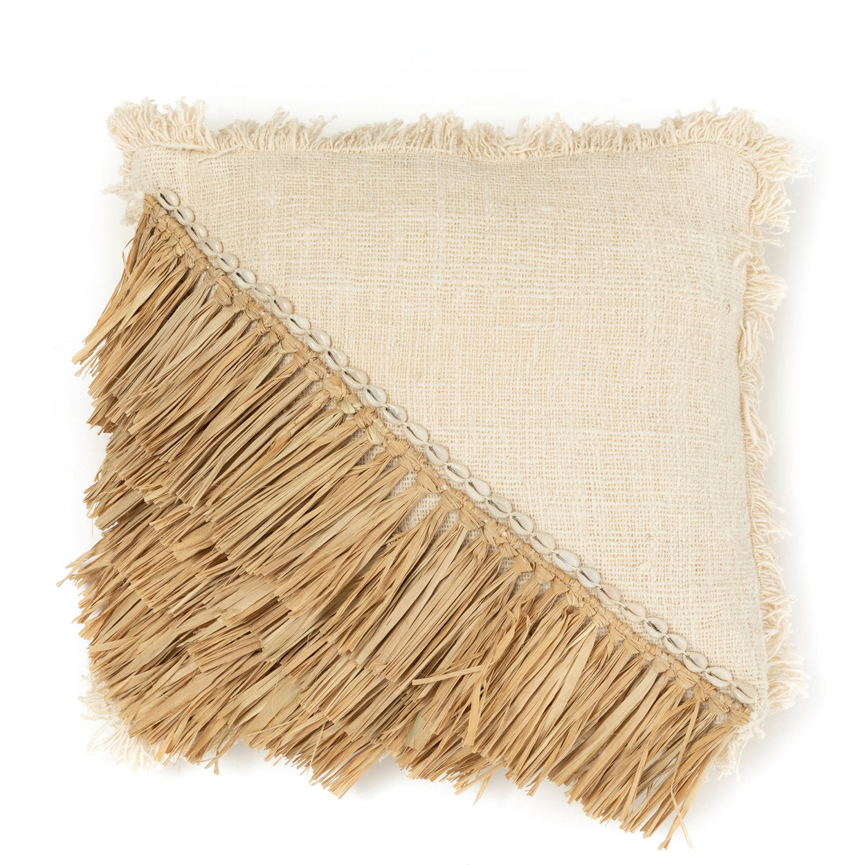 Raffia cotton cushion cover, 60x60, with natural white color and fringe detailing