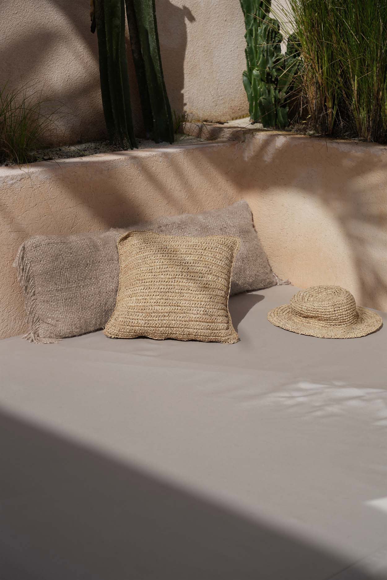 Natural raffia square pillow cover 40x40, perfect for boho decor