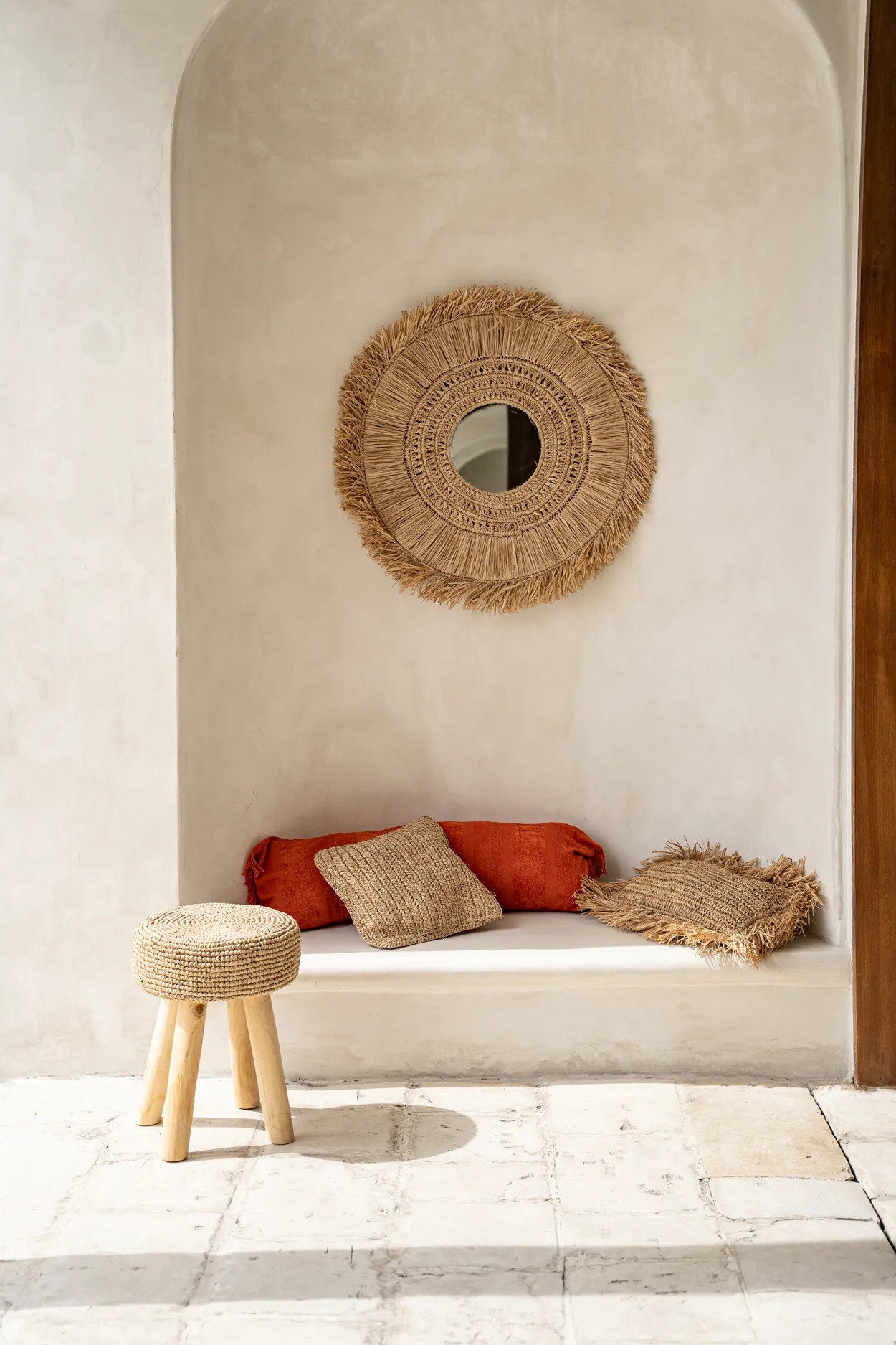 Natural square raffia cushion cover for a cozy, earthy look