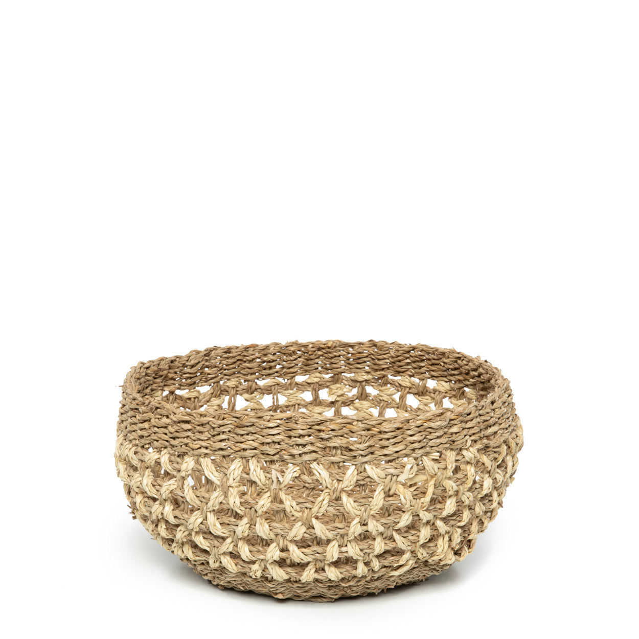 Round woven basket made from natural seagrass, small wicker design.