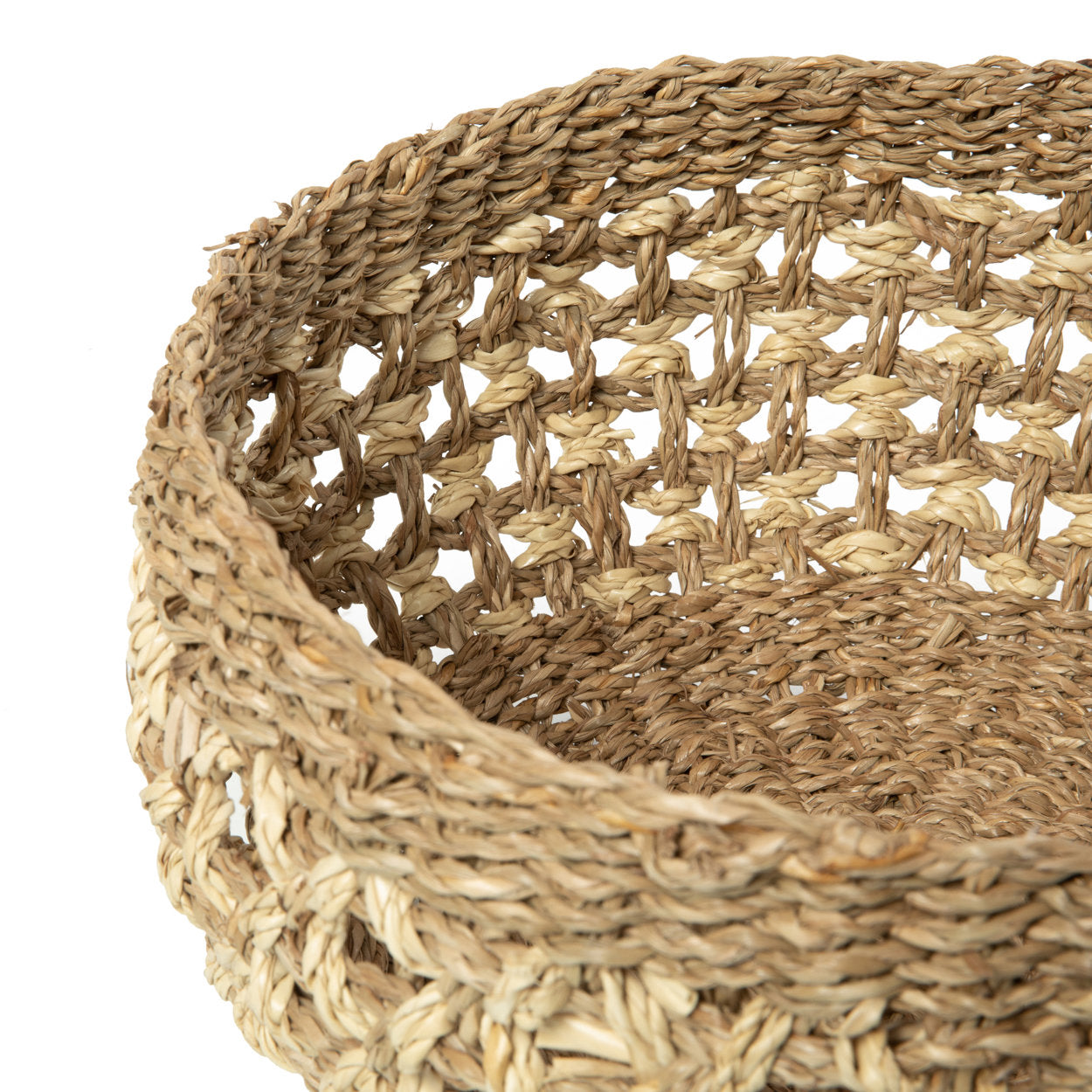 Small round fruit basket made from natural, eco-friendly seagrass.