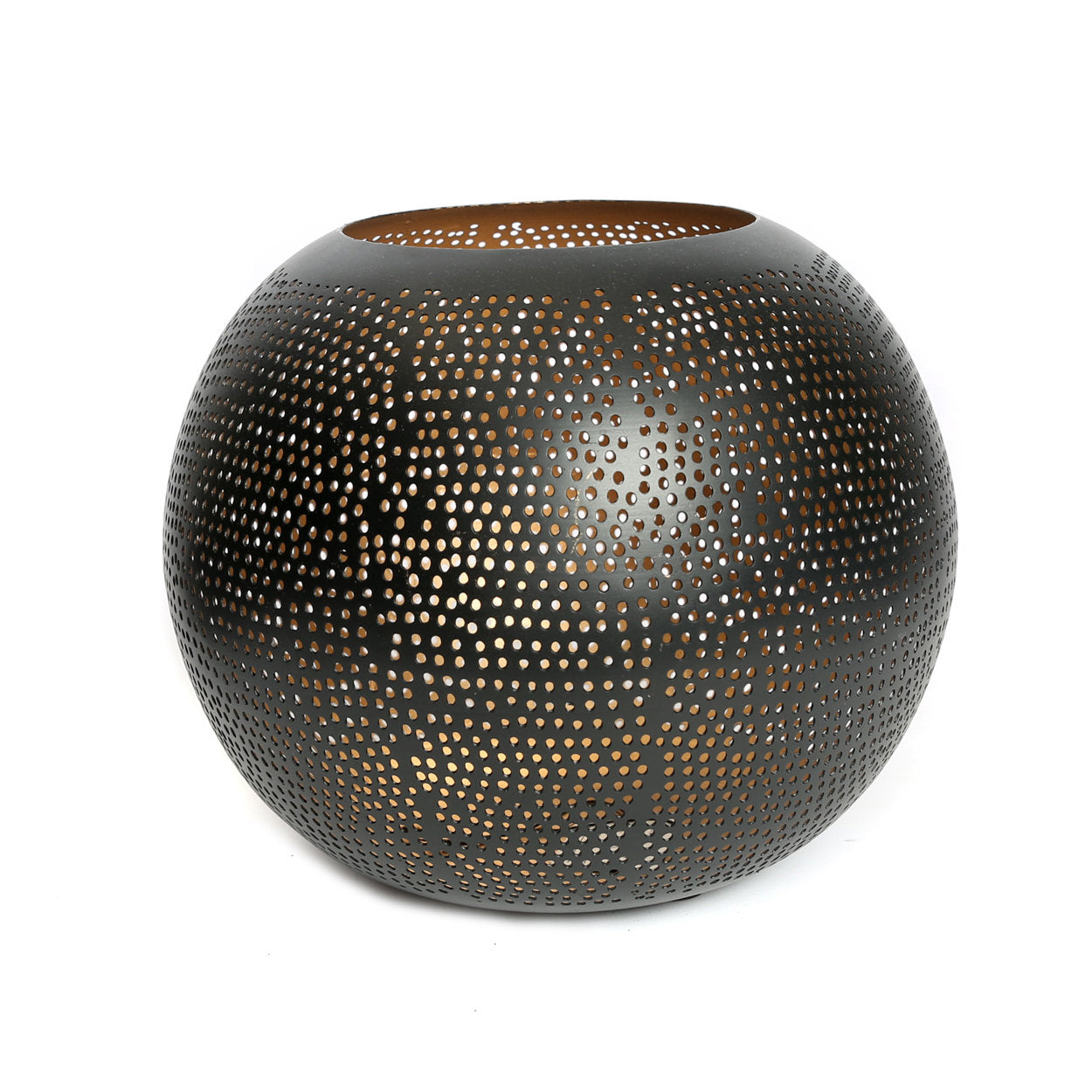 The Pierced Ball Black Gold XL, oversized brass candle holder with pierced cut-out design.