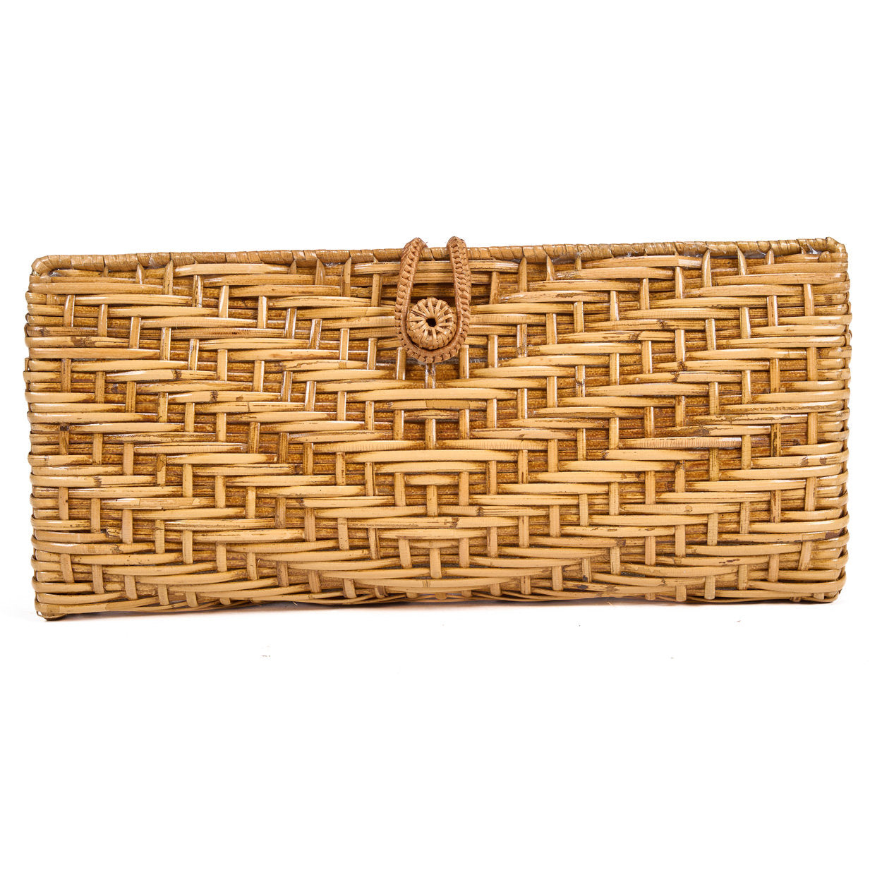 Neutral-colored handmade raffia clutch bag, lightweight accessory for versatile everyday and special occasion styling.