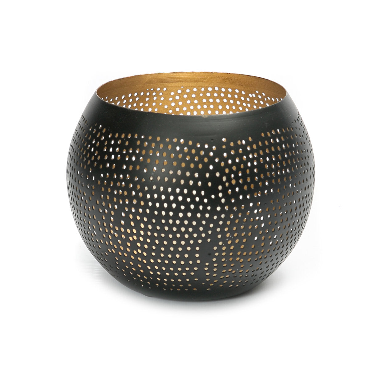 The Pierced Ball Black Gold M, medium round brass candle holder with pierced dot design.
