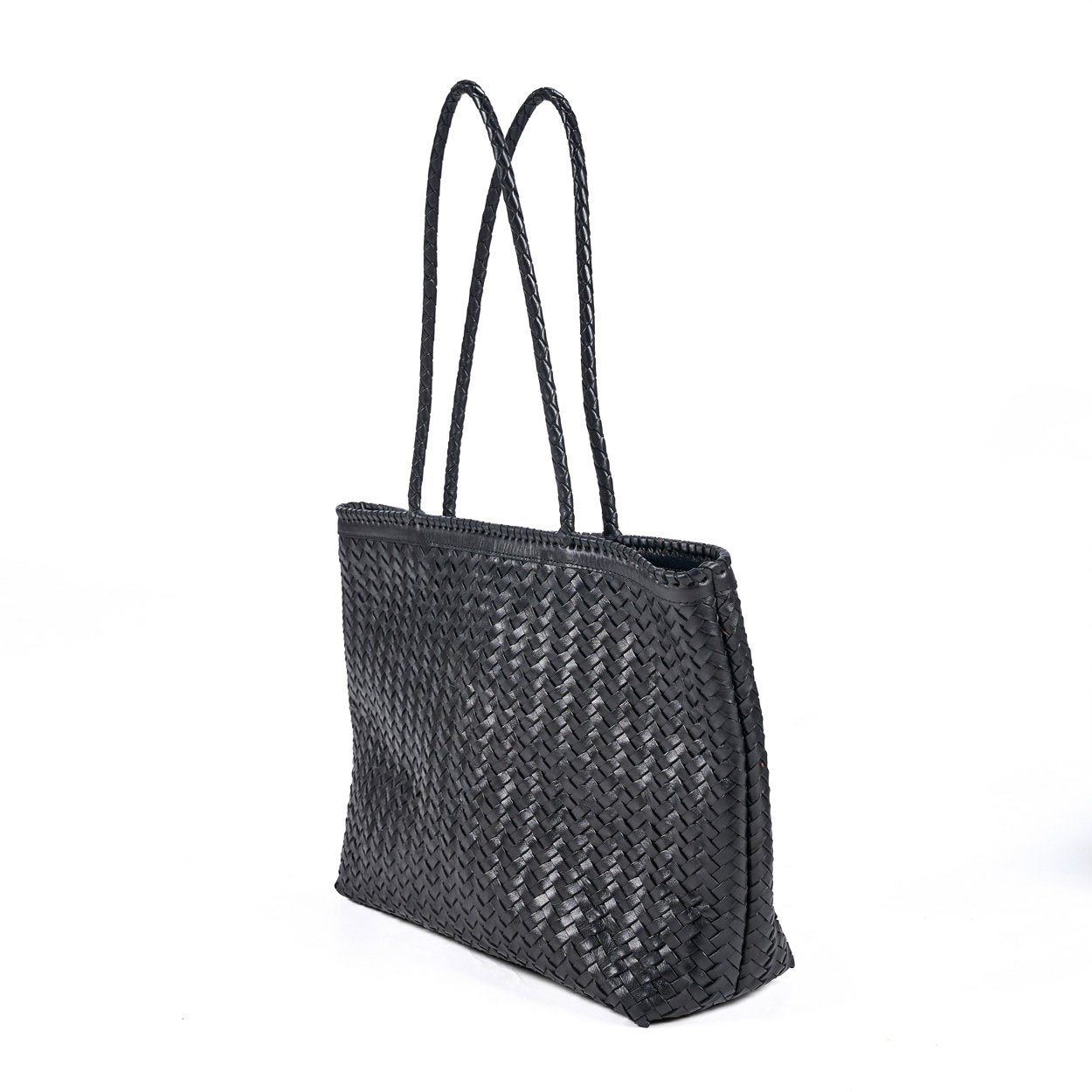 Black leather shopper bag handmade by artisans