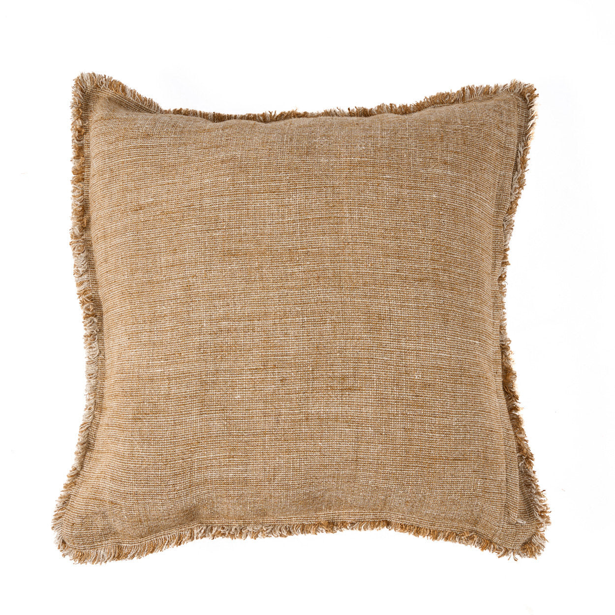 Handcrafted natural brown linen cushion cover with fringe for rustic and bohemian décor