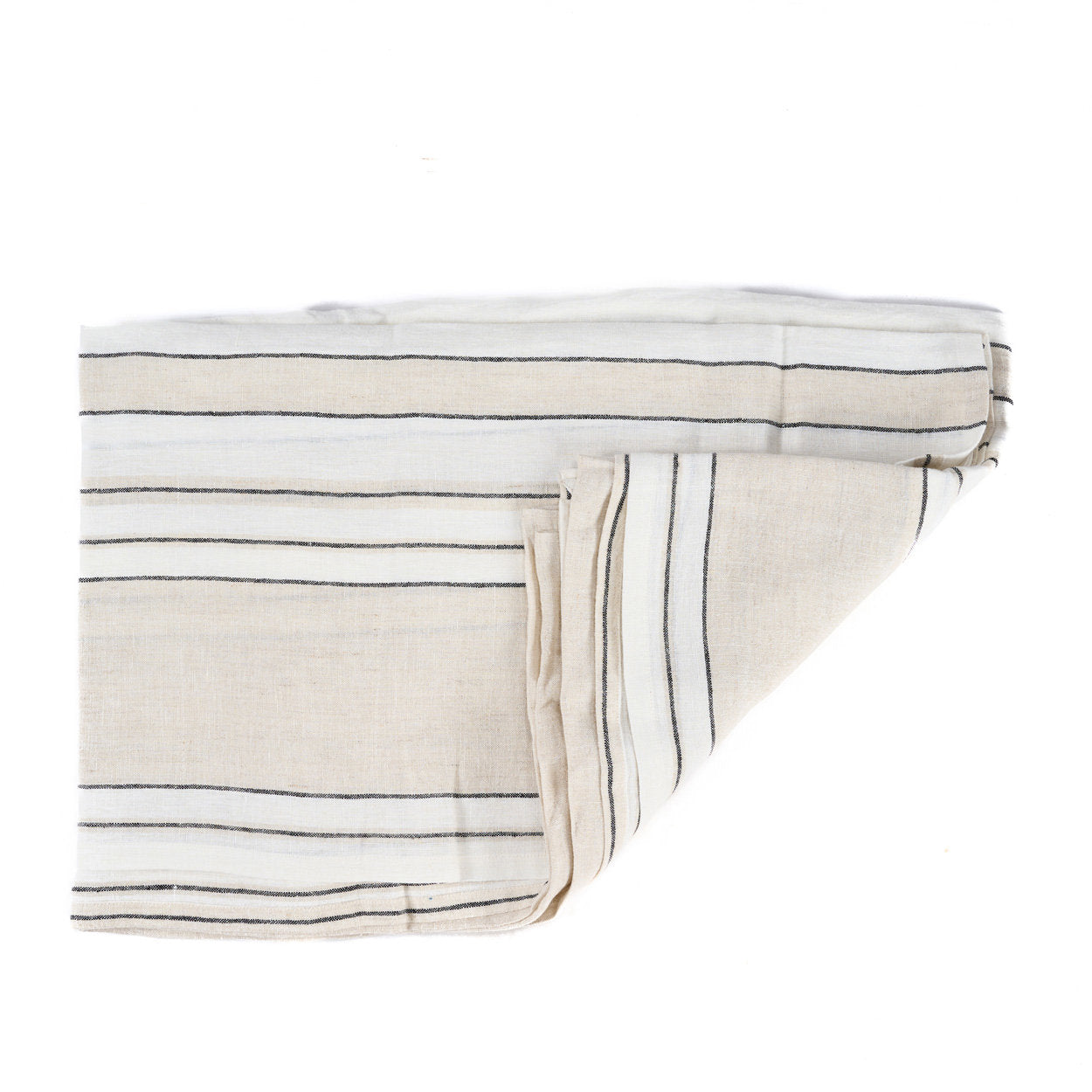 Top view of rectangular striped tablecloth in neutral tones, ideal for modern, coastal, or rustic interiors.