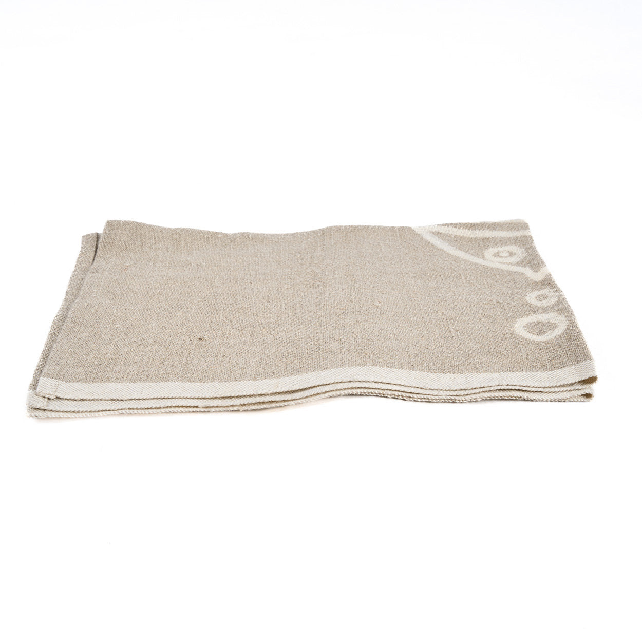 Natural white linen towel with fish pattern, ideal for drying dishes or adding a coastal vibe to your kitchen.