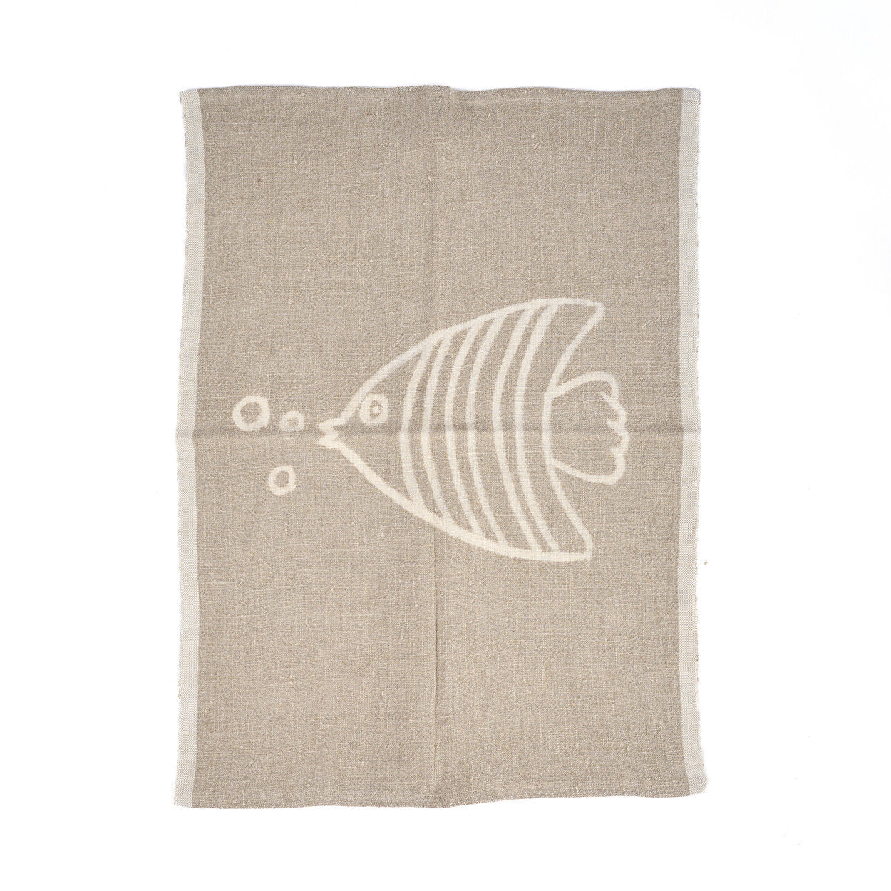 The Linen Fish Kitchen Towel in natural white with a charming fish motif, perfect for coastal and boho kitchen decor.