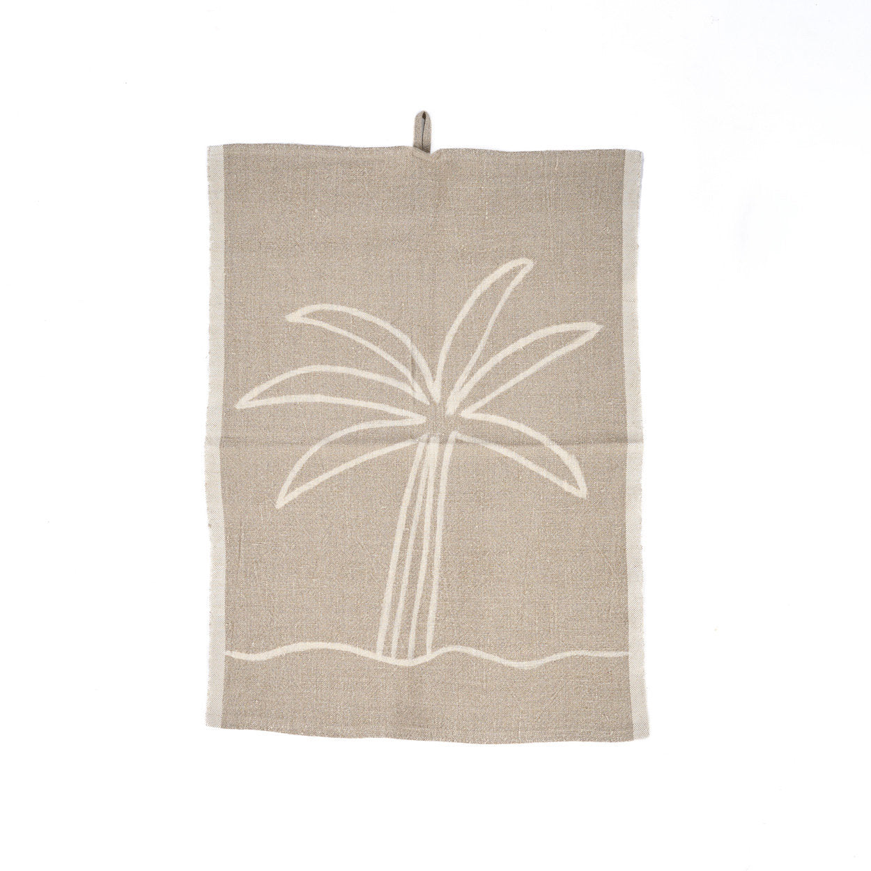 The Linen Palm Tree Kitchen Towel in natural white, featuring a charming palm tree motif, perfect for boho and coastal kitchens.