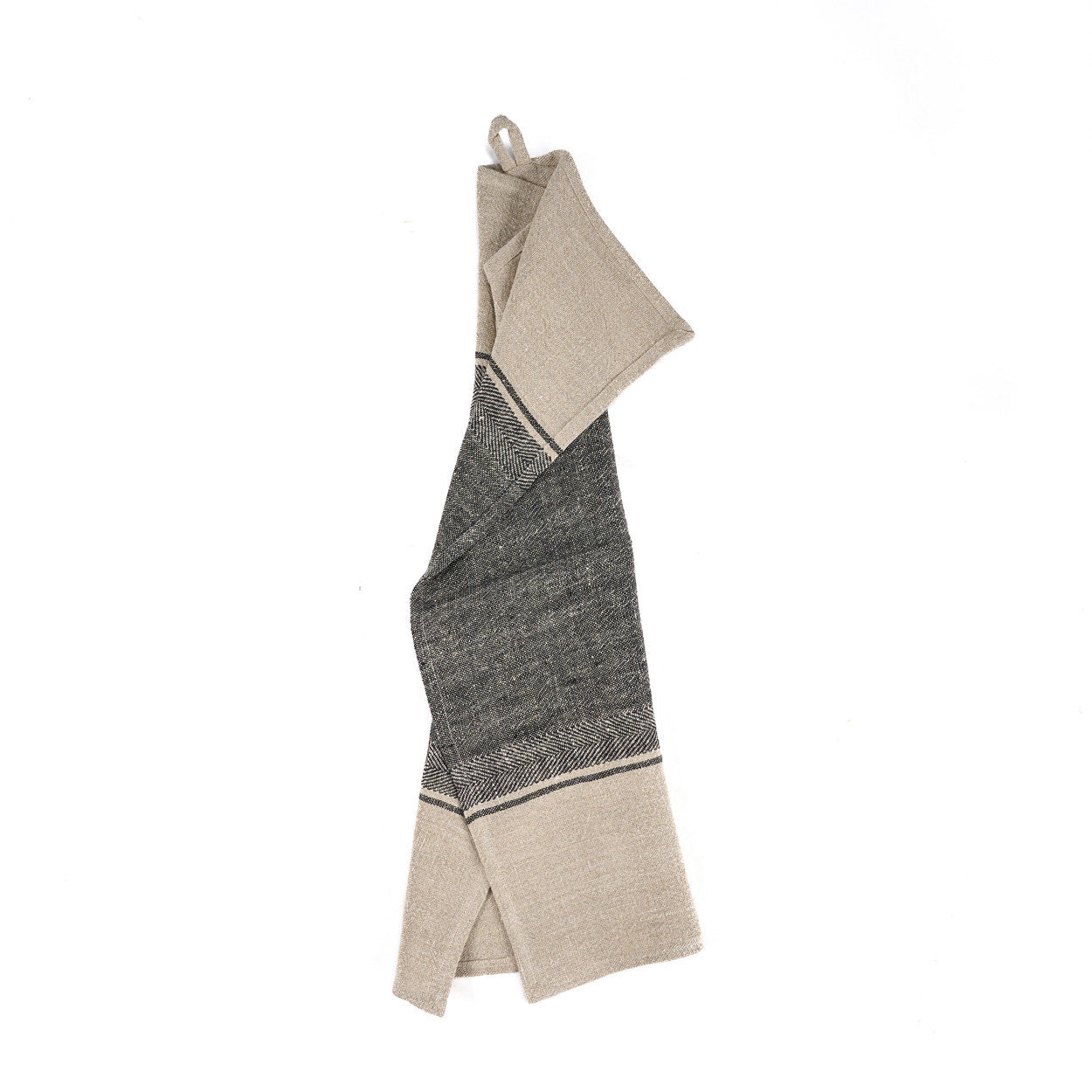 Artisan-crafted black and natural beige linen kitchen towel, soft, absorbent, and lightweight for everyday use