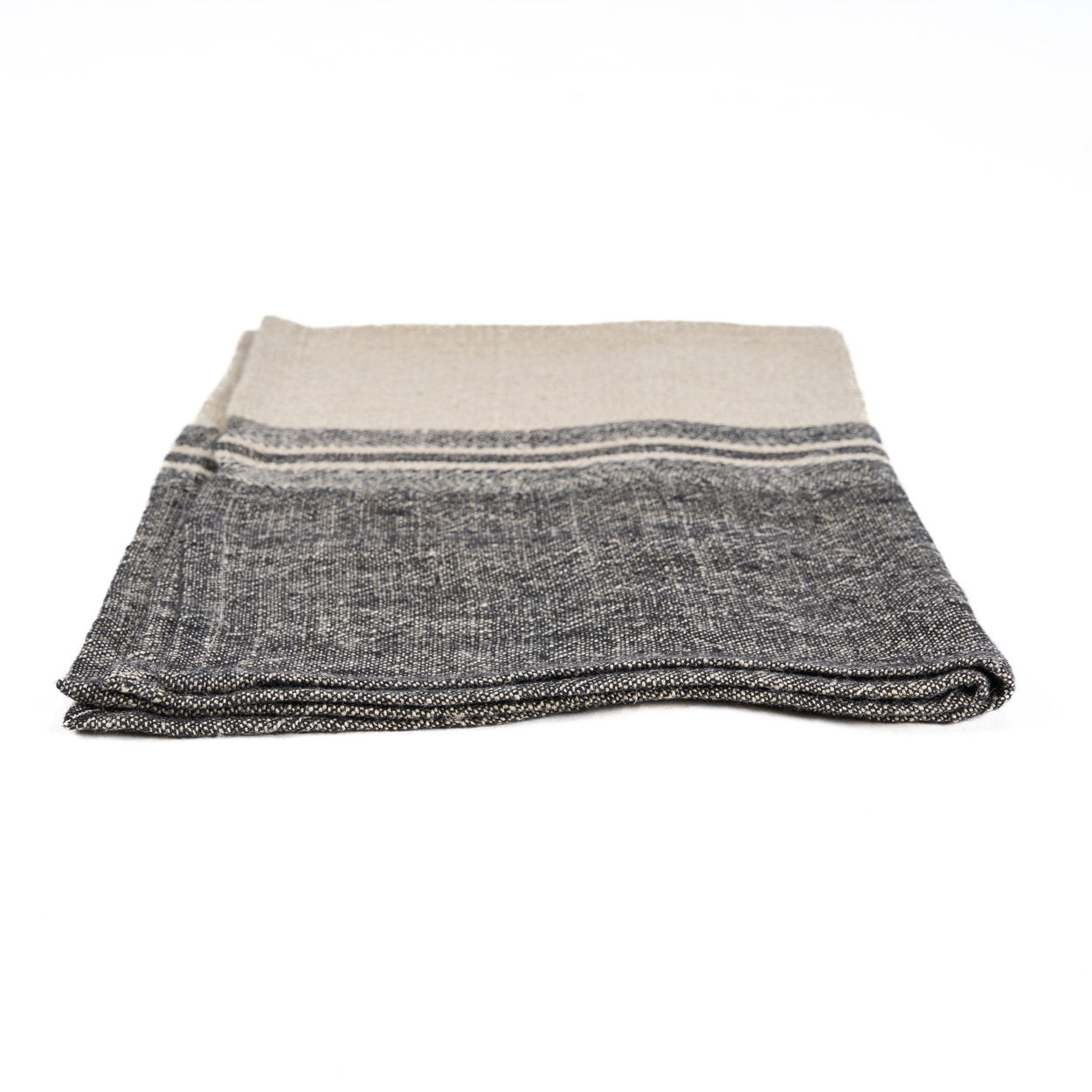 Hand-styled 50×70 cm two-tone linen towel in rustic black and beige shades, perfect for modern or boho kitchens