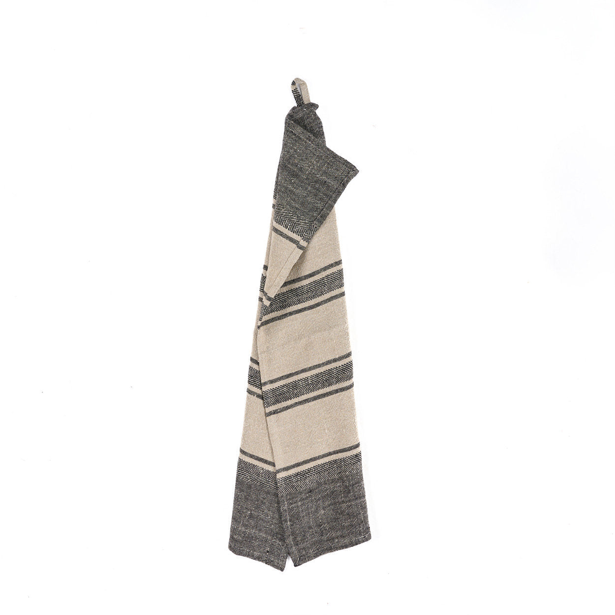 Hand-styled 50×70 cm natural linen towel featuring rustic black smudge stripes, ideal for boho or farmhouse kitchens