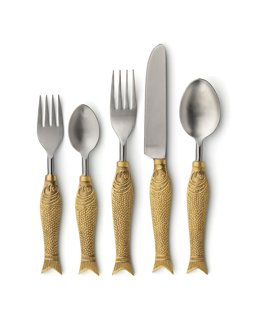 The Fish Shaped Fork, large size utensil with sculpted details and golden sheen