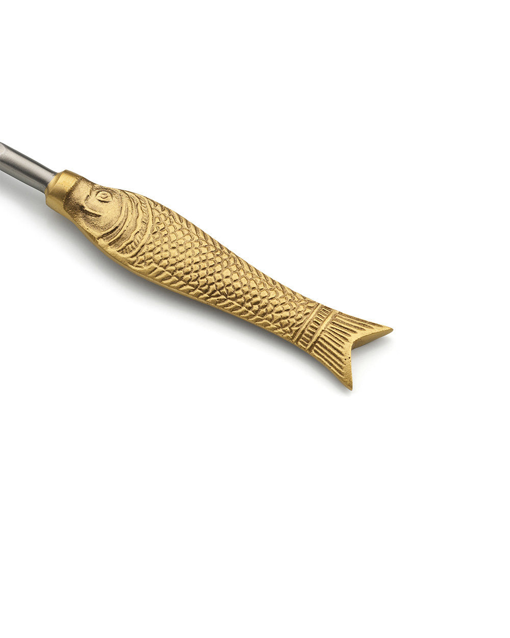 Petite brass fork with sculptural fish shape, ideal for desserts or cheese boards