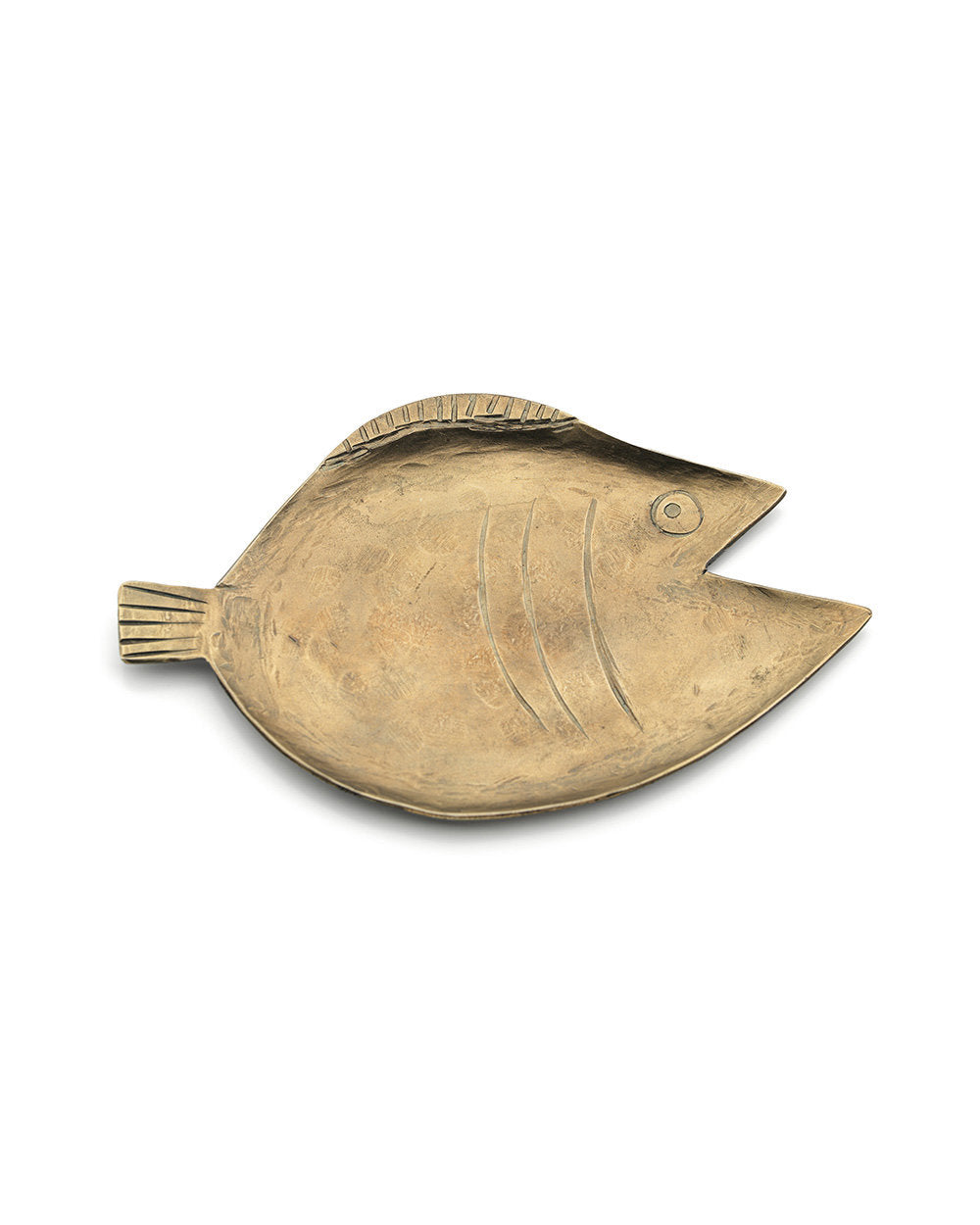 Handcrafted brass serving platter with artistic fish silhouette and warm finish