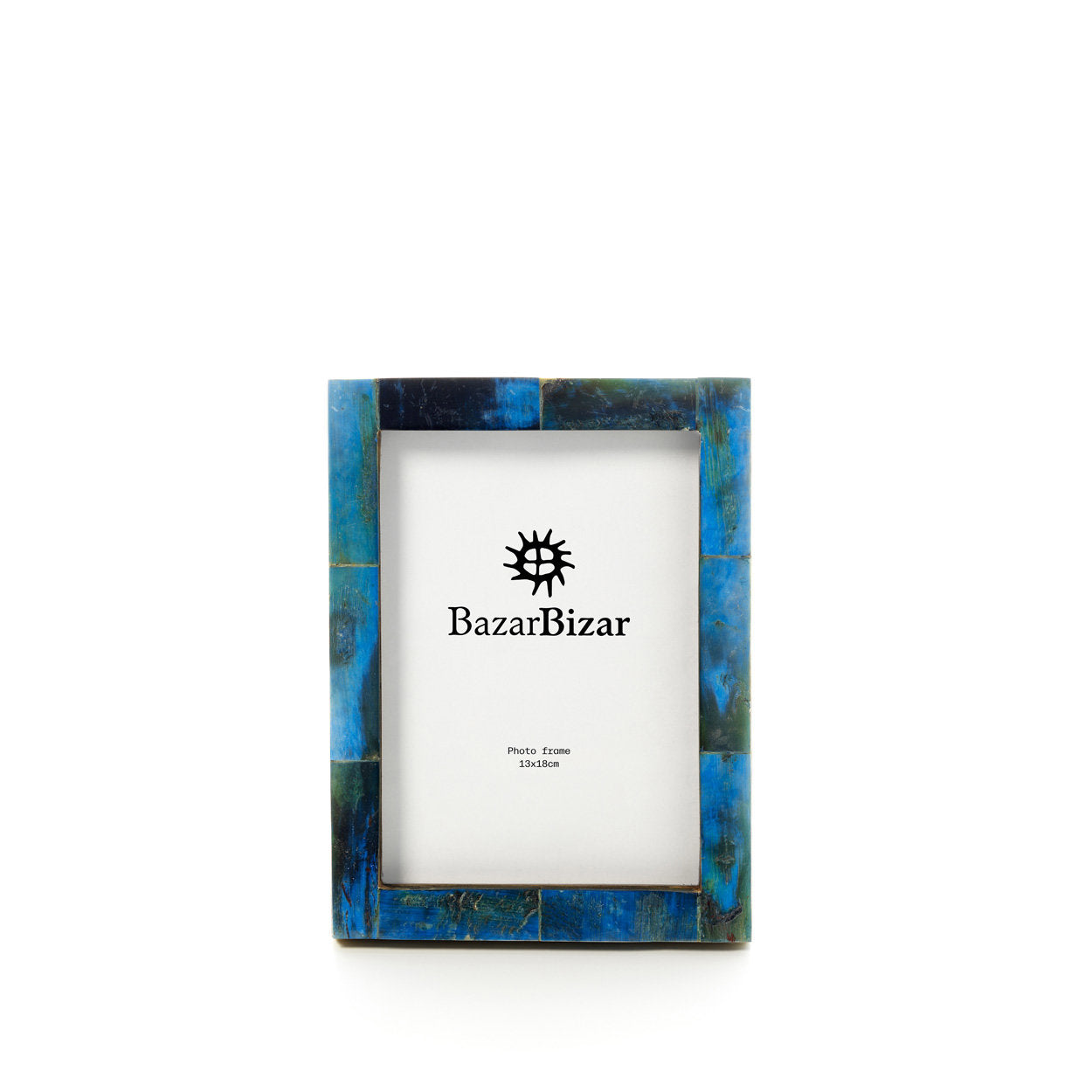 Patchwork photo frame 13x18 in turquoise, handcrafted from buffalo bone for durability and style.