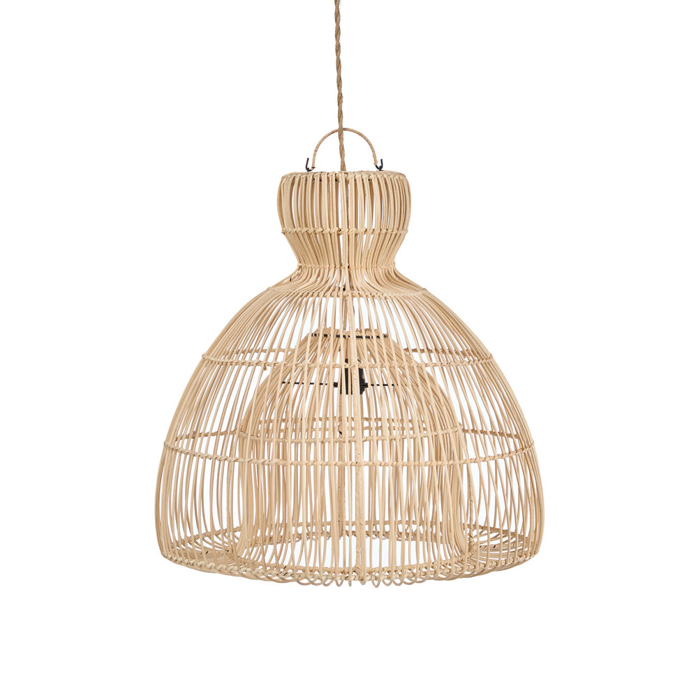 A mini ceiling light is woven from natural rattan with a compact, sculptural design.