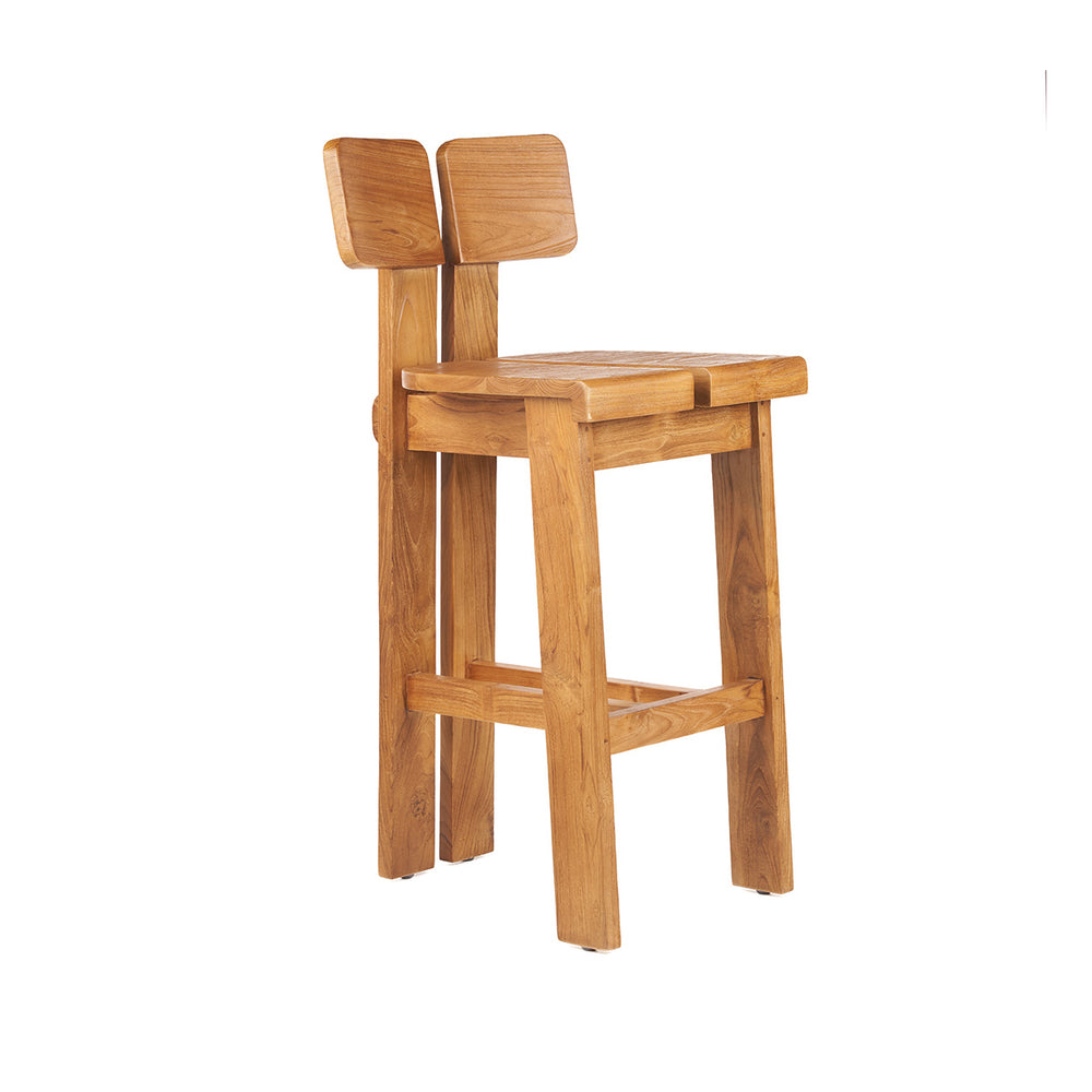 A teak wood stool for home bar featuring a bold architectural split-backrest and robust, sturdy construction.