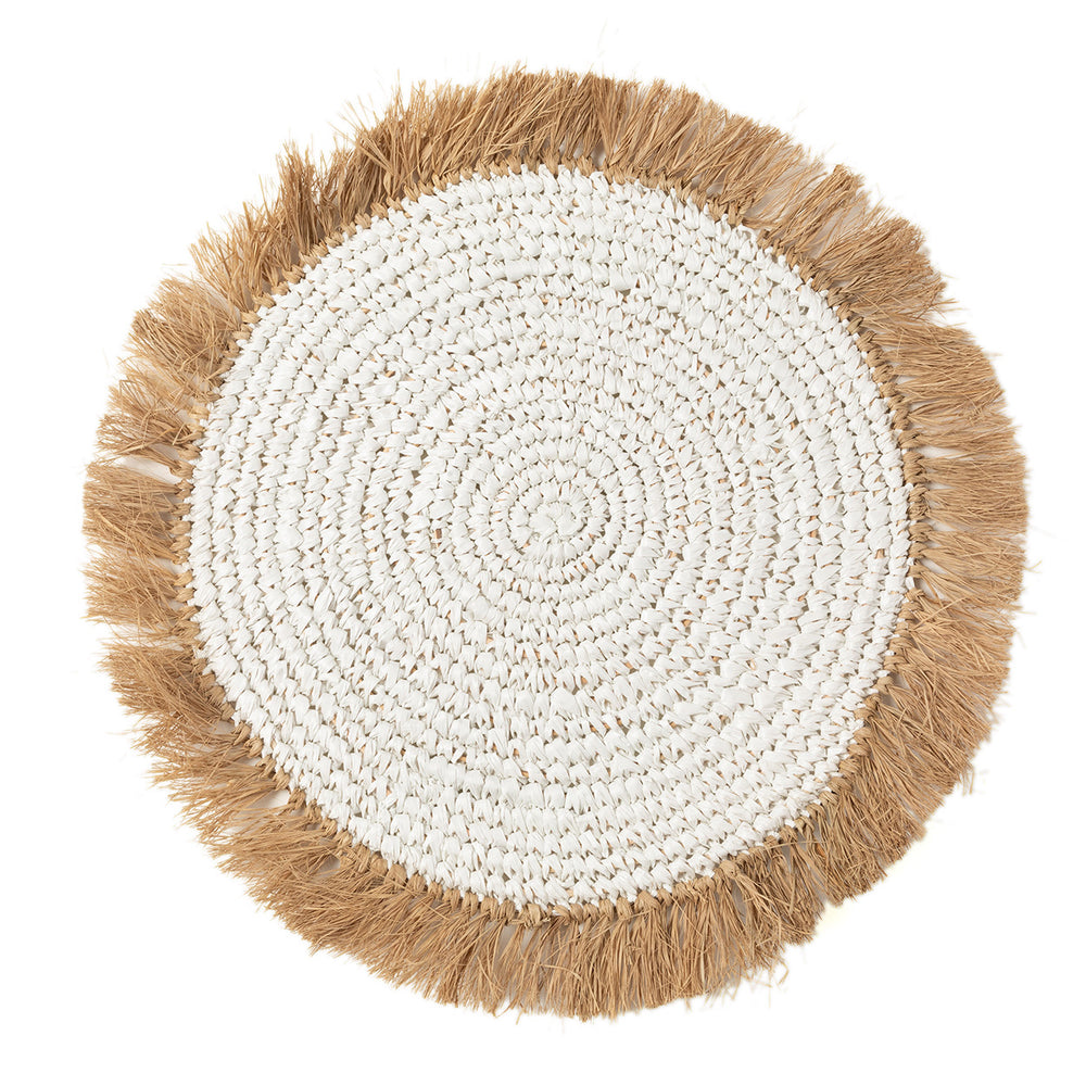 White round placemat handwoven from water hyacinth, perfect for minimalist and natural dining settings.