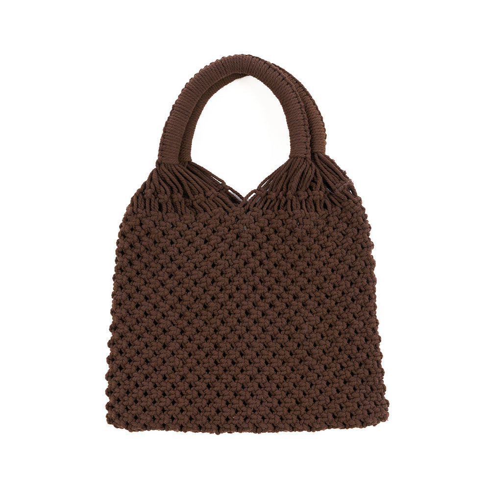 A brown cotton shoulder bag, revealing its relaxed shape and the gentle drape of its natural fibres.